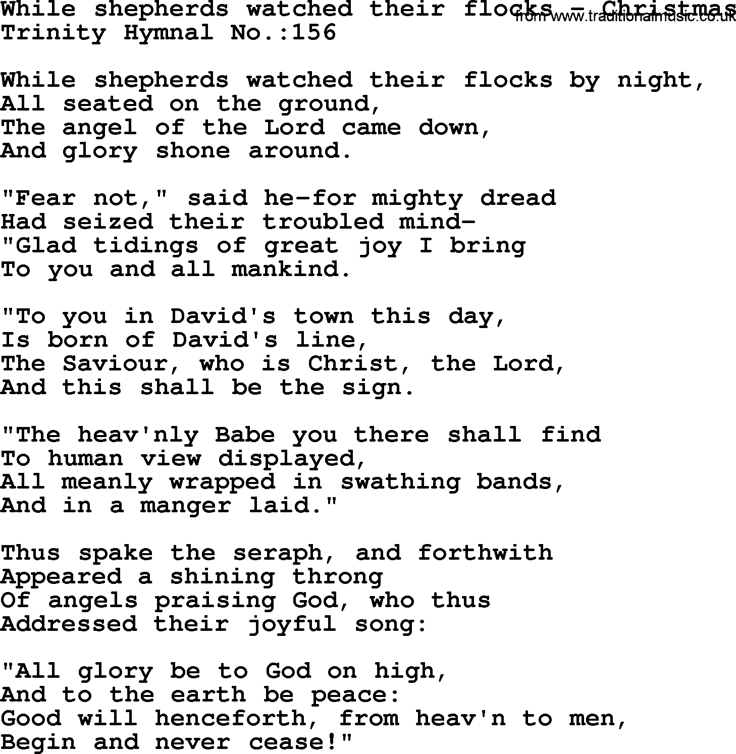 Trinity Hymnal Hymn: While Shepherds Watched Their Flocks--Christmas, lyrics with midi music
