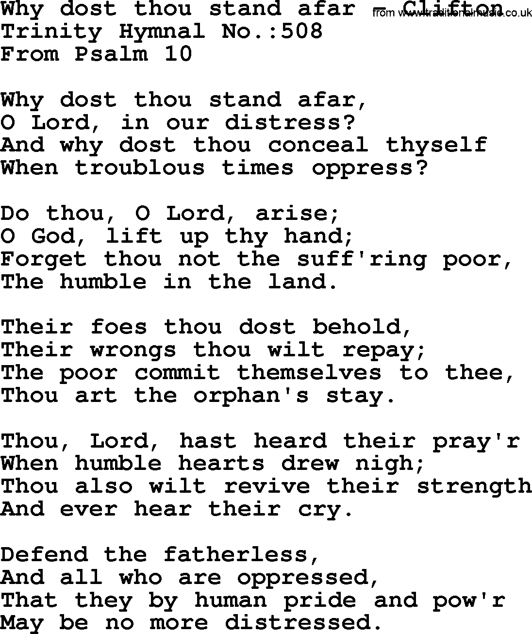 Trinity Hymnal Hymn: Why Dost Thou Stand Afar--Clifton, lyrics with midi music