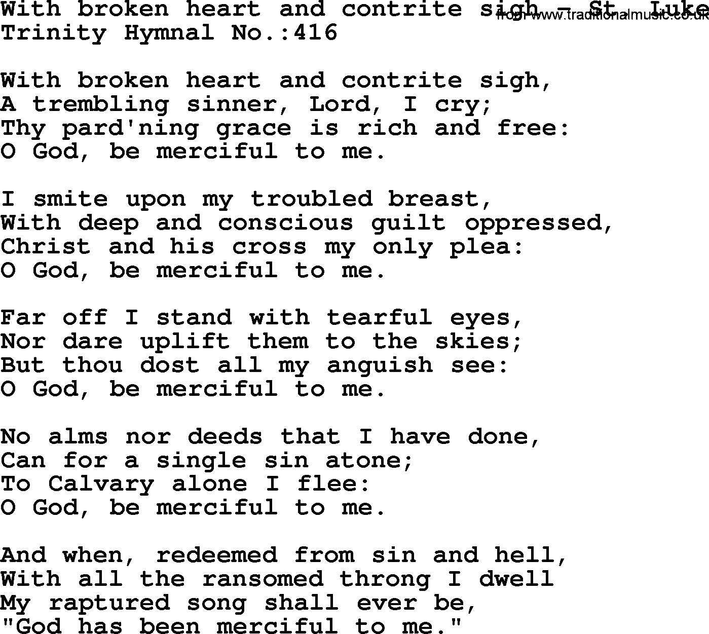 Trinity Hymnal Hymn: With Broken Heart And Contrite Sigh--St. Luke, lyrics with midi music