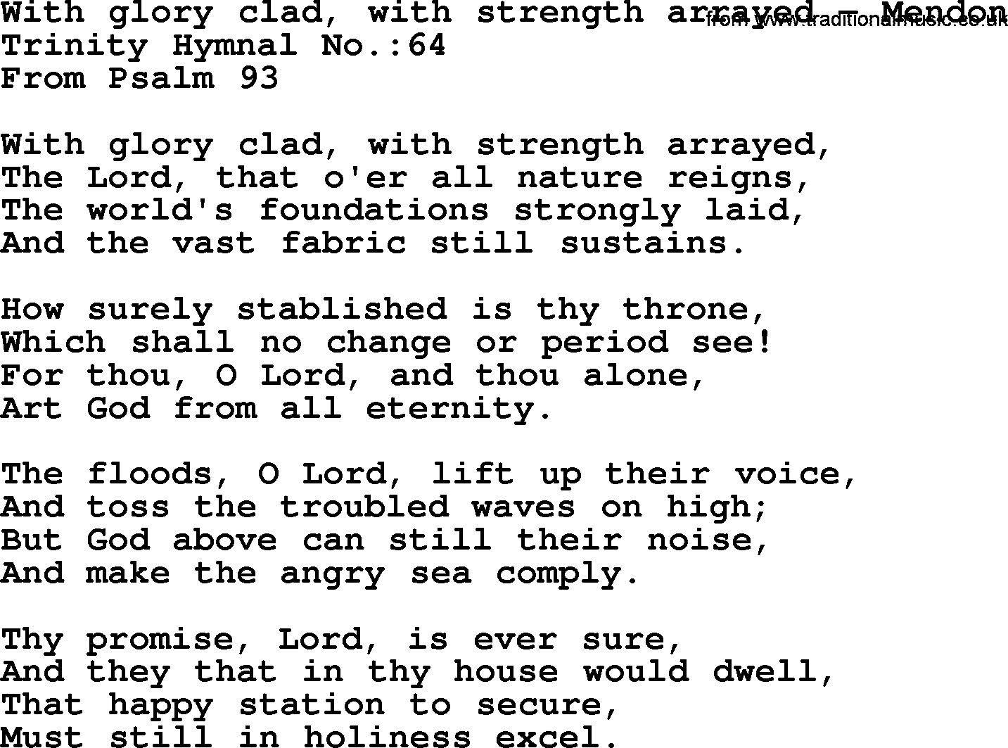 Trinity Hymnal Hymn: With Glory Clad, With Strength Arrayed--Mendon, lyrics with midi music