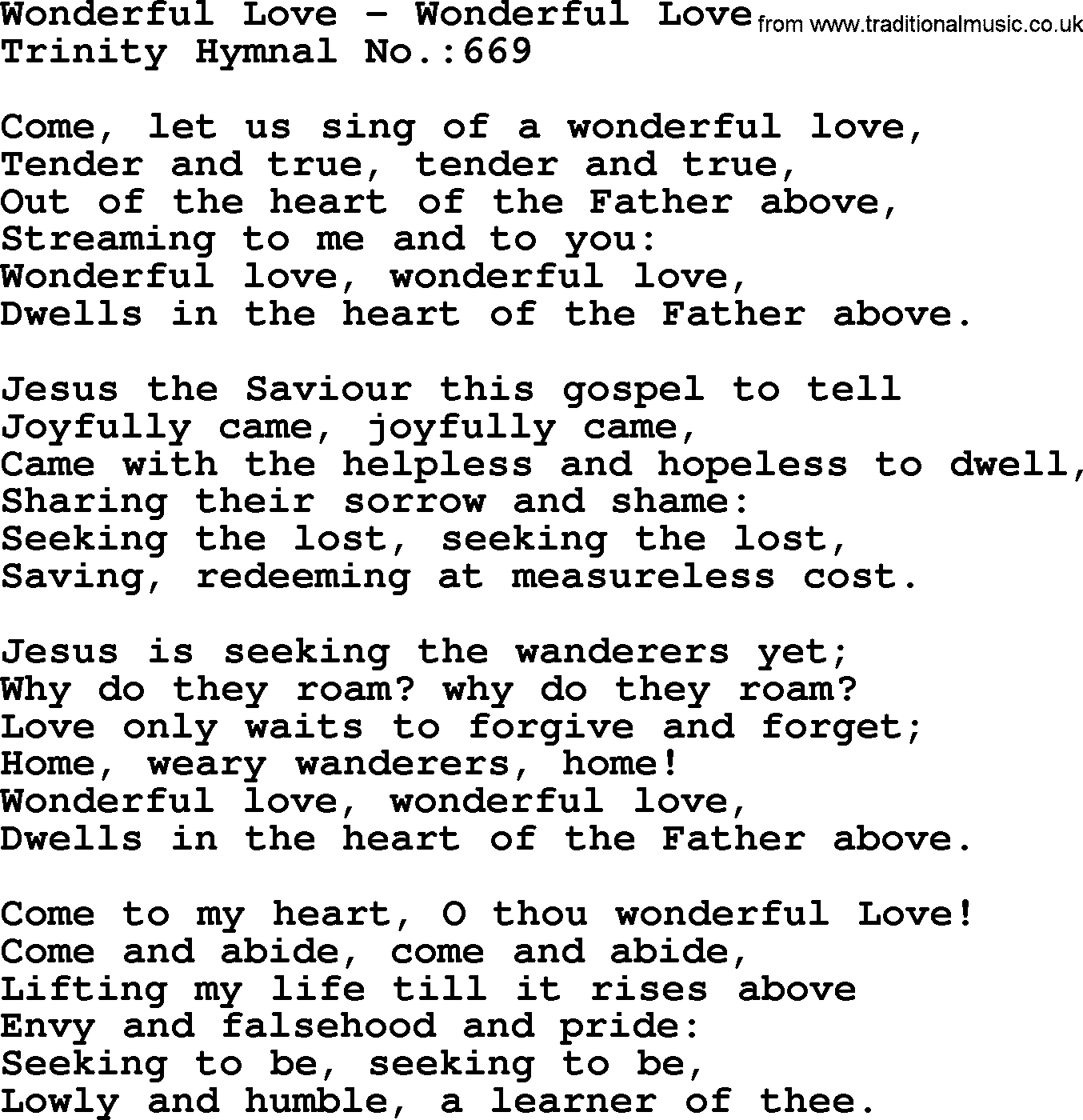 Trinity Hymnal Hymn: Wonderful Love--Wonderful Love, lyrics with midi music
