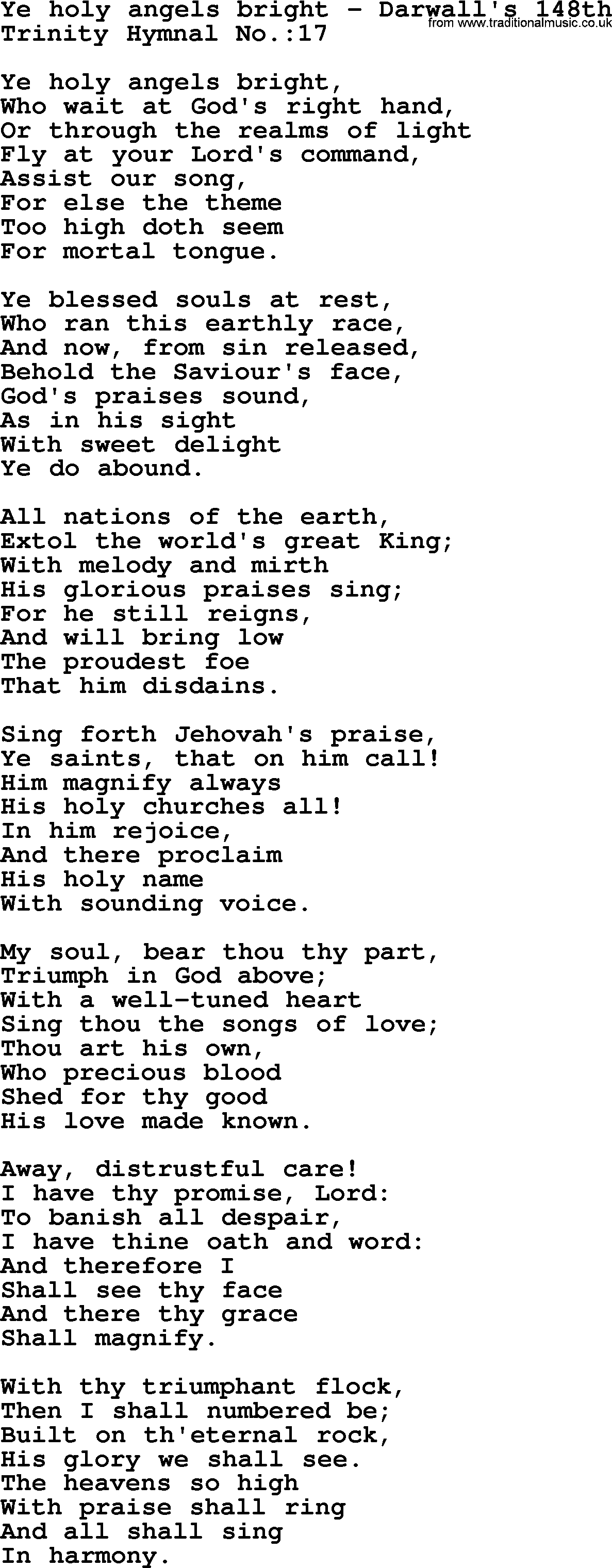 Trinity Hymnal Hymn: Ye Holy Angels Bright--Darwall's 148th, lyrics with midi music