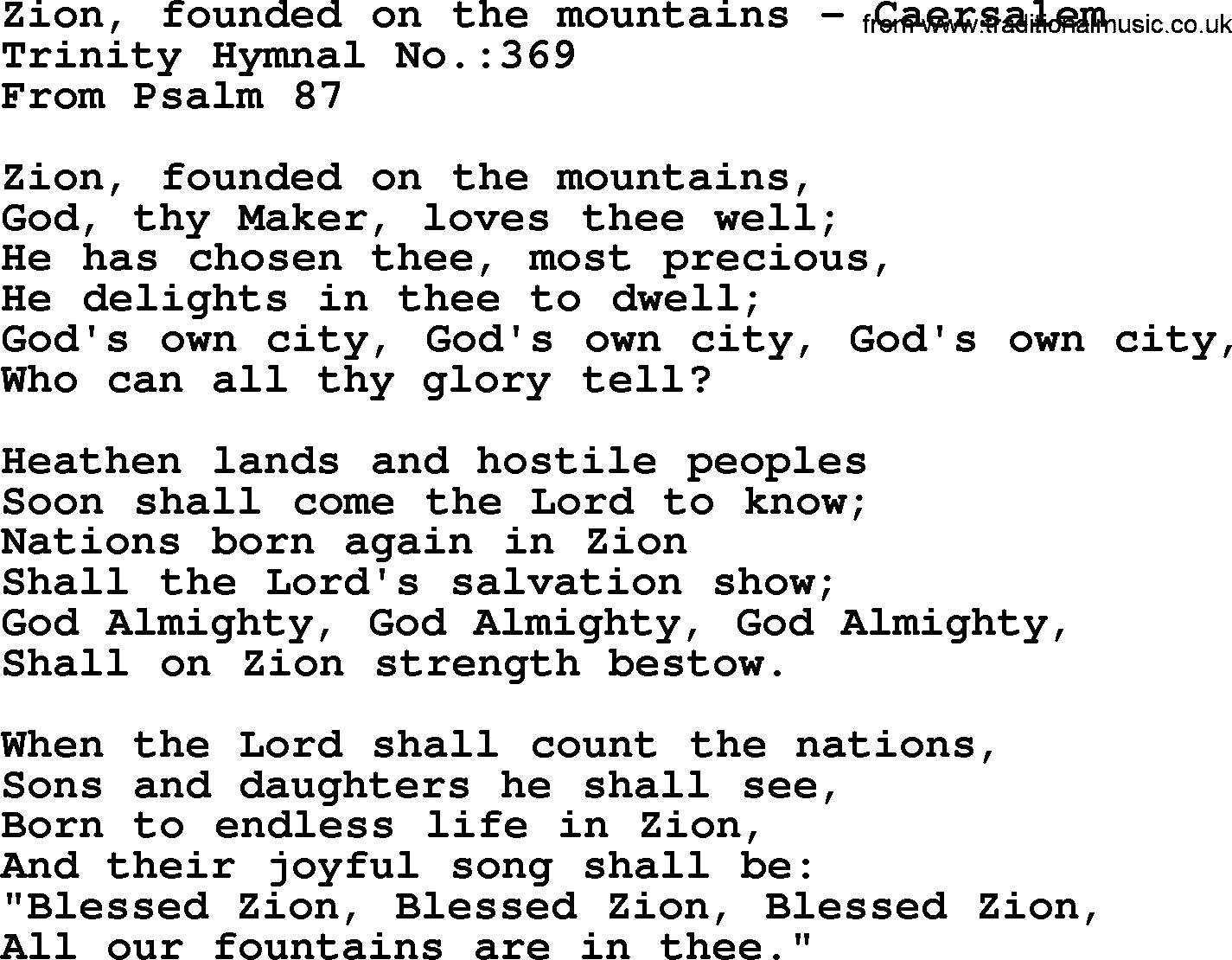 Trinity Hymnal Hymn: Zion, Founded On The Mountains--Caersalem, lyrics with midi music