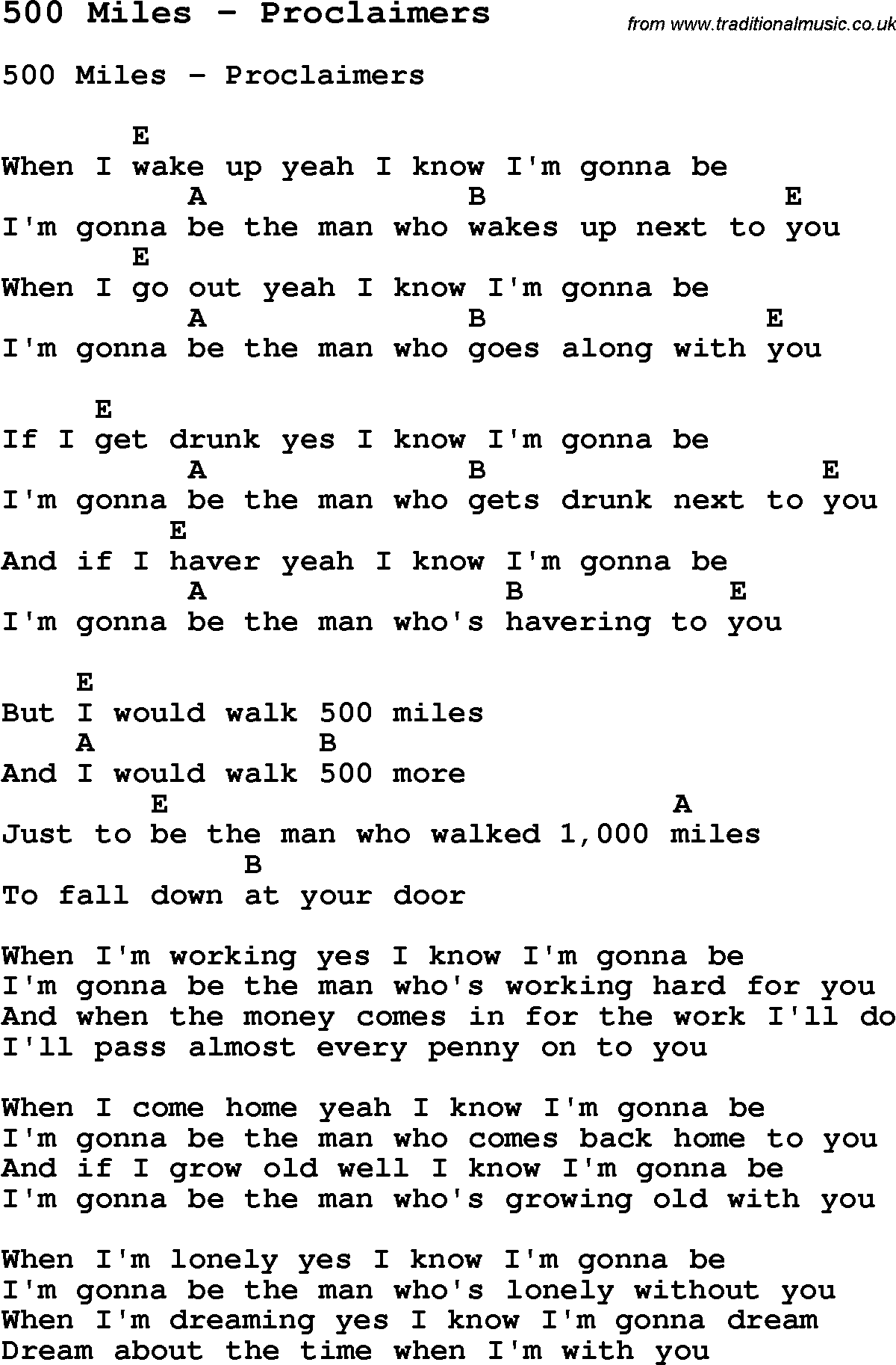 Song 500 Miles by Proclaimers, with lyrics for vocal performance and accompaniment chords for Ukulele, Guitar Banjo etc.