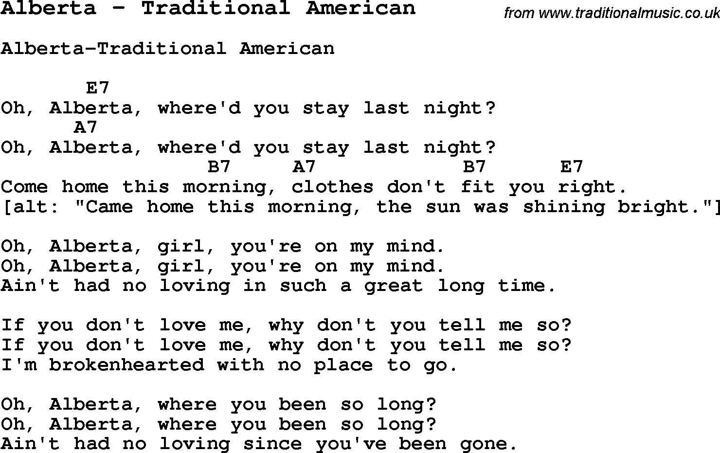 Song Alberta by Traditional American, with lyrics for vocal performance and accompaniment chords for Ukulele, Guitar Banjo etc.
