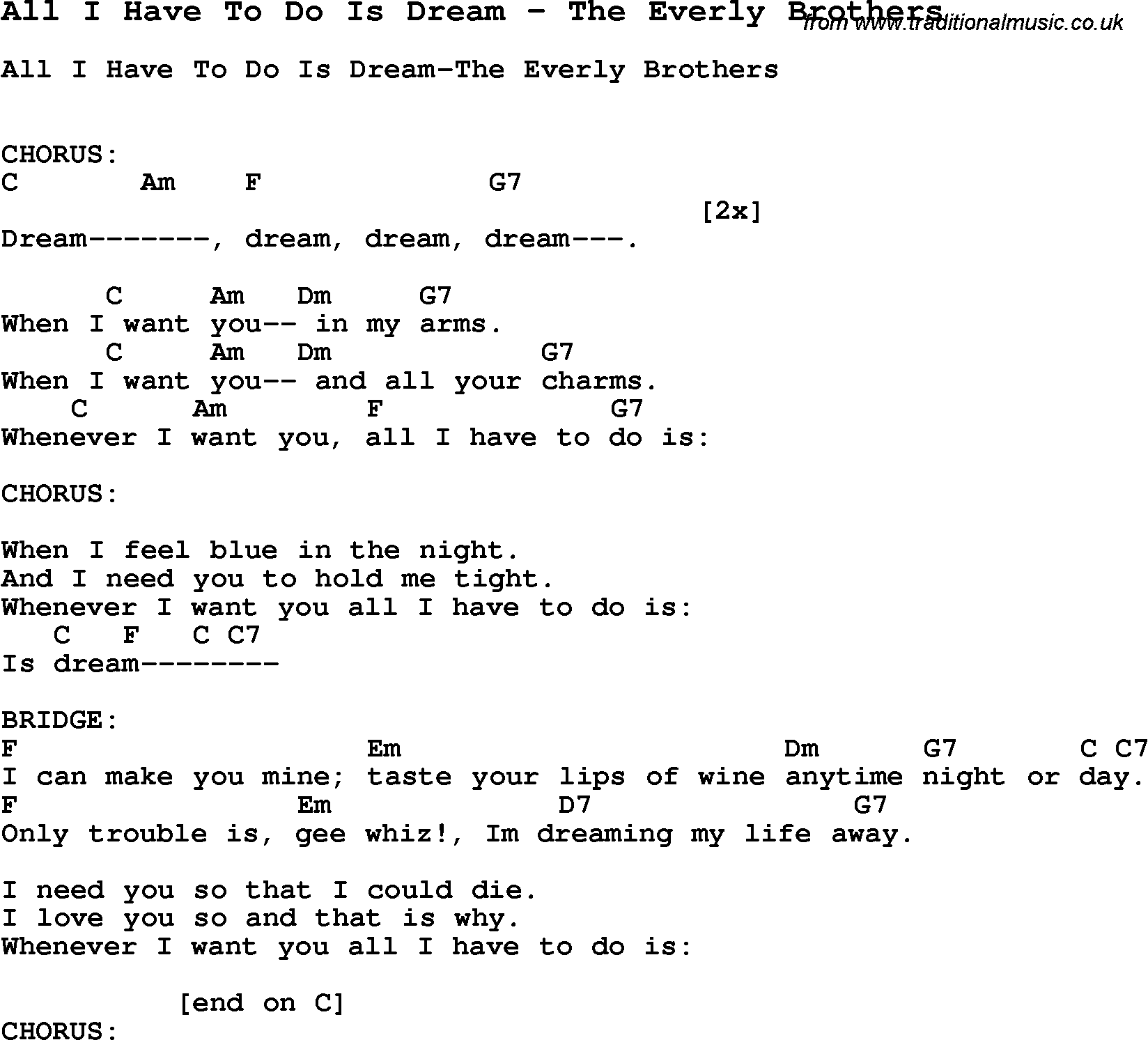 Song All I Have To Do Is Dream by The Everly Brothers, with lyrics for vocal performance and accompaniment chords for Ukulele, Guitar Banjo etc.
