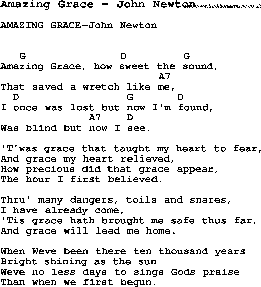 Song Amazing Grace by John Newton, with lyrics for vocal performance and accompaniment chords for Ukulele, Guitar Banjo etc.
