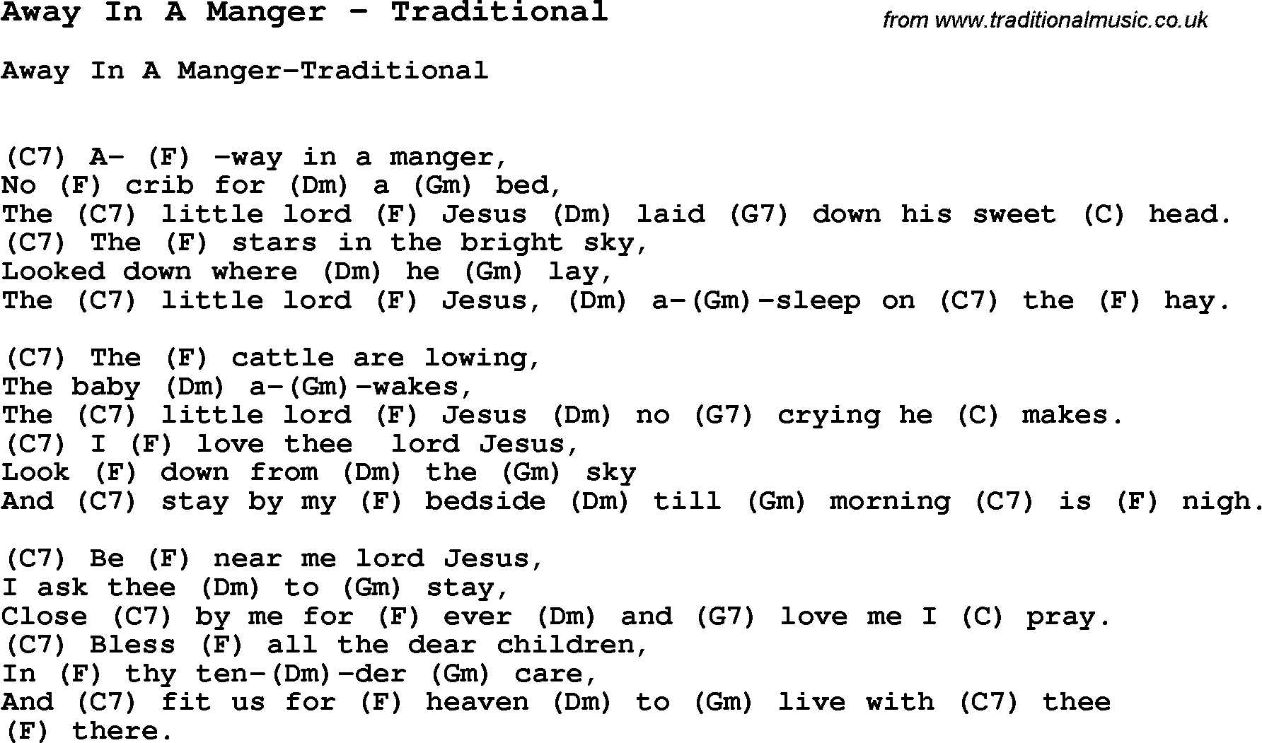 Song Away In A Manger by Traditional, with lyrics for vocal performance and accompaniment chords for Ukulele, Guitar Banjo etc.