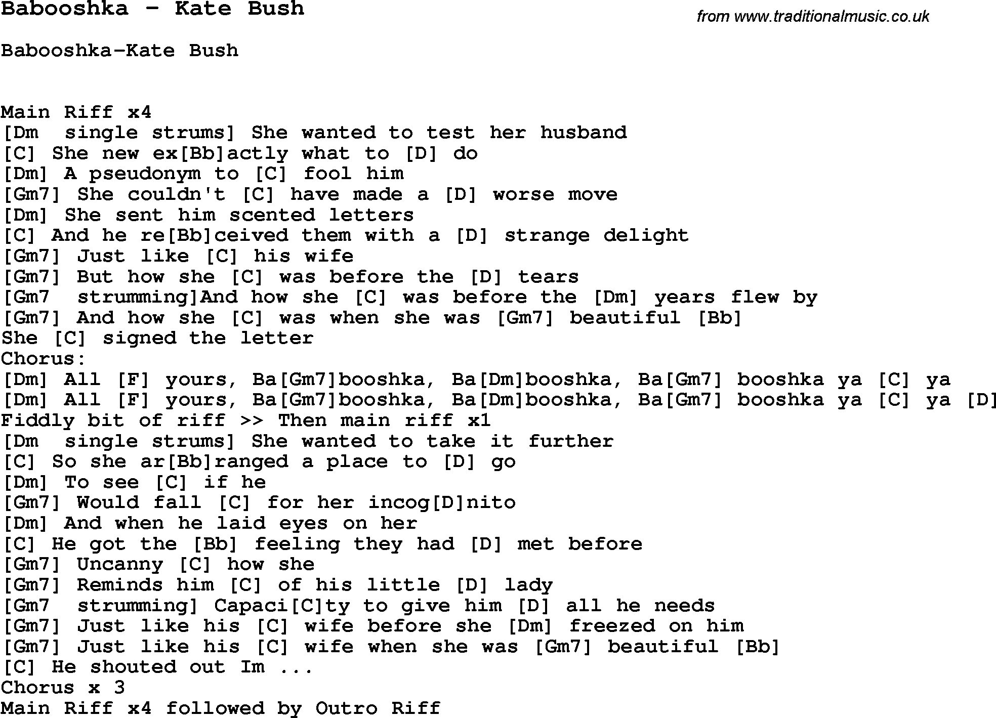 Song Babooshka by Kate Bush, with lyrics for vocal performance and accompaniment chords for Ukulele, Guitar Banjo etc.