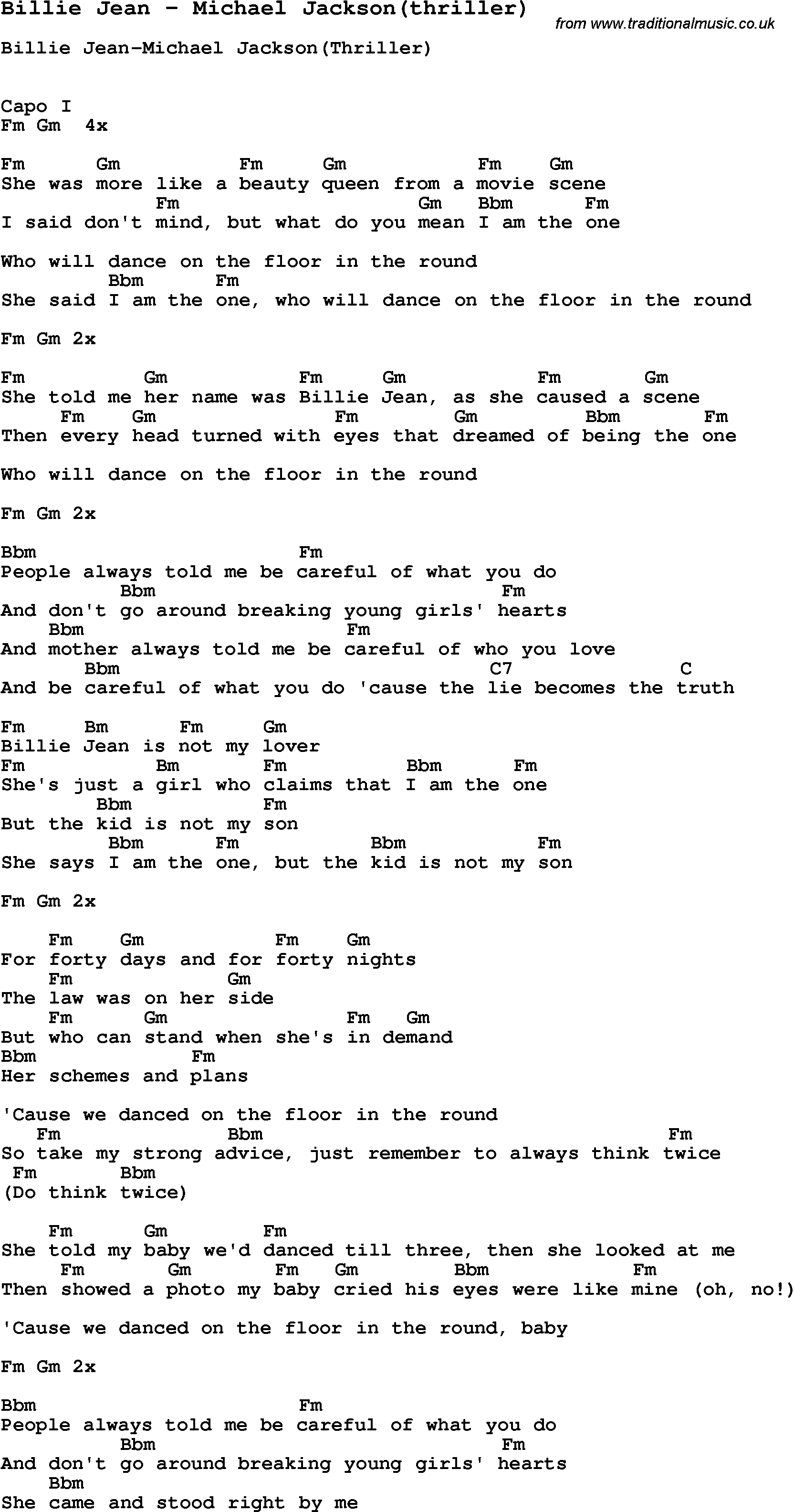 Song Billie Jean by Michael Jackson(thriller), with lyrics for vocal performance and accompaniment chords for Ukulele, Guitar Banjo etc.