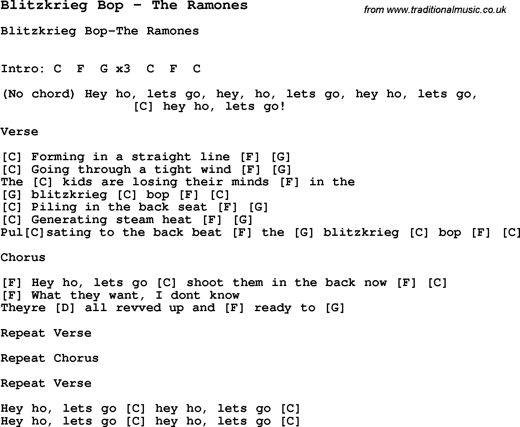 Song Blitzkrieg Bop by The Ramones, with lyrics for vocal performance and accompaniment chords for Ukulele, Guitar Banjo etc.