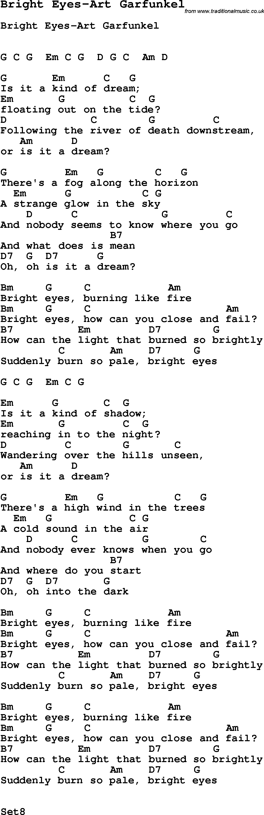 Song Bright Eyes-Art Garfunkel, with lyrics for vocal performance and accompaniment chords for Ukulele, Guitar Banjo etc.