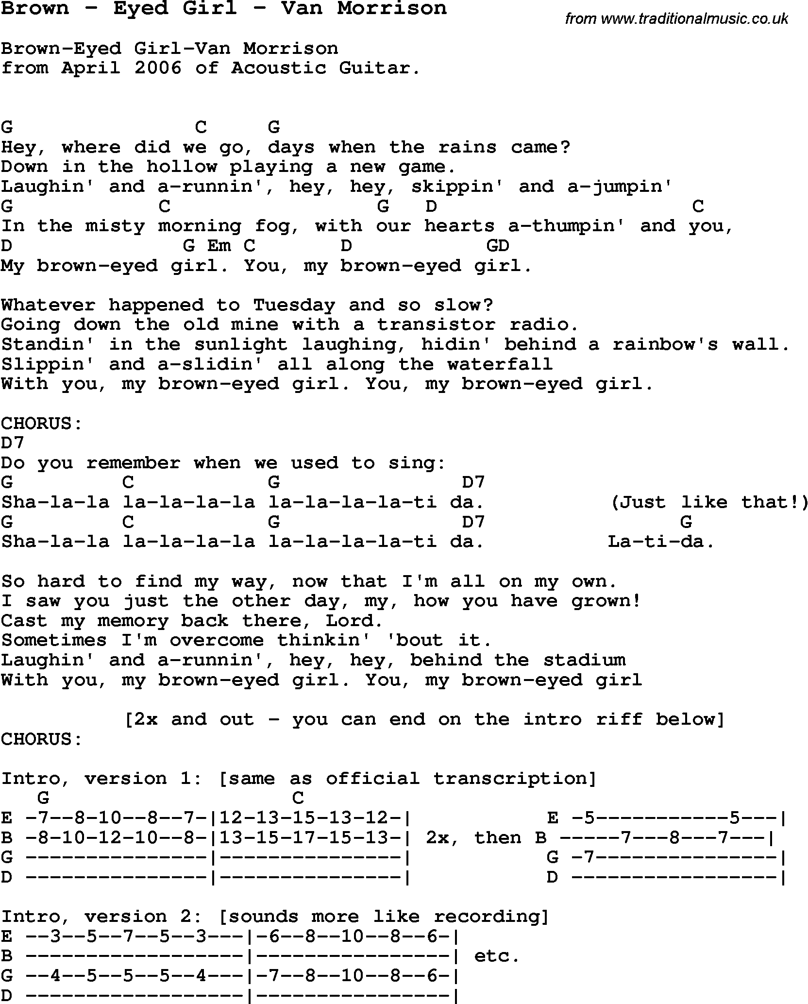 Song Brown by Eyed Girl by Van Morrison, with lyrics for vocal performance and accompaniment chords for Ukulele, Guitar Banjo etc.