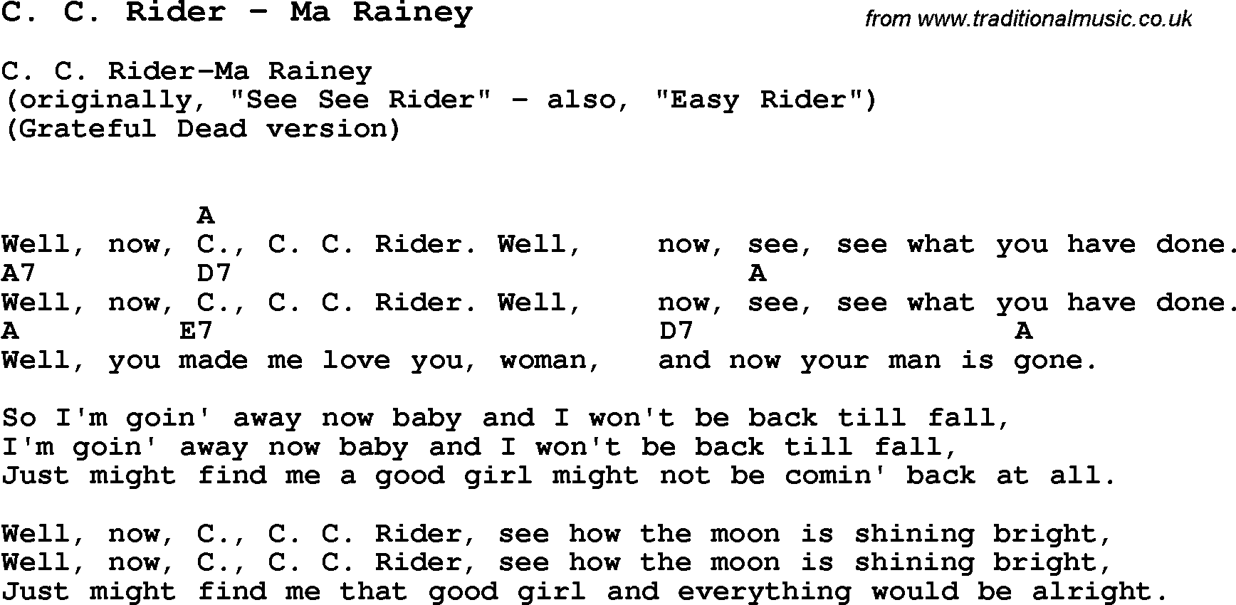 Song C. C. Rider by Ma Rainey, with lyrics for vocal performance and accompaniment chords for Ukulele, Guitar Banjo etc.