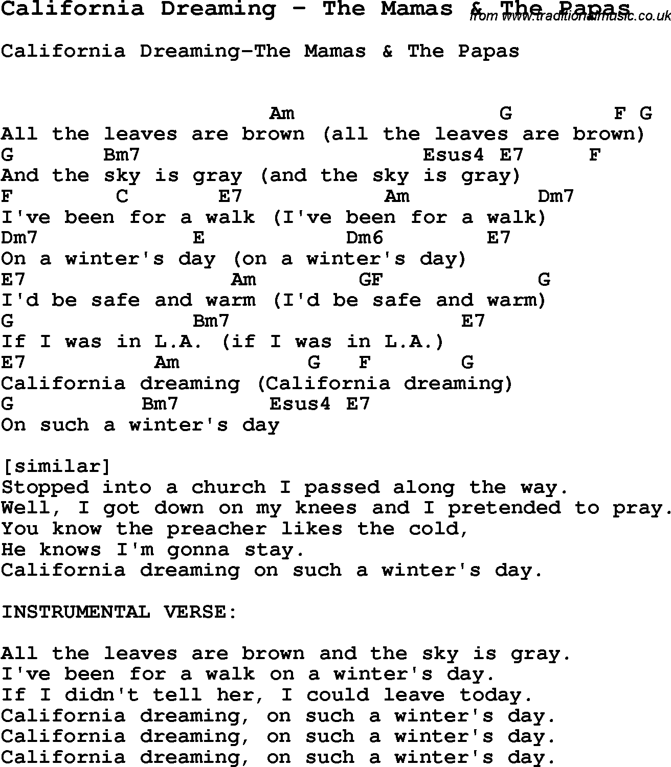 Song California Dreaming by The Mamas & The Papas, with lyrics for vocal performance and accompaniment chords for Ukulele, Guitar Banjo etc.