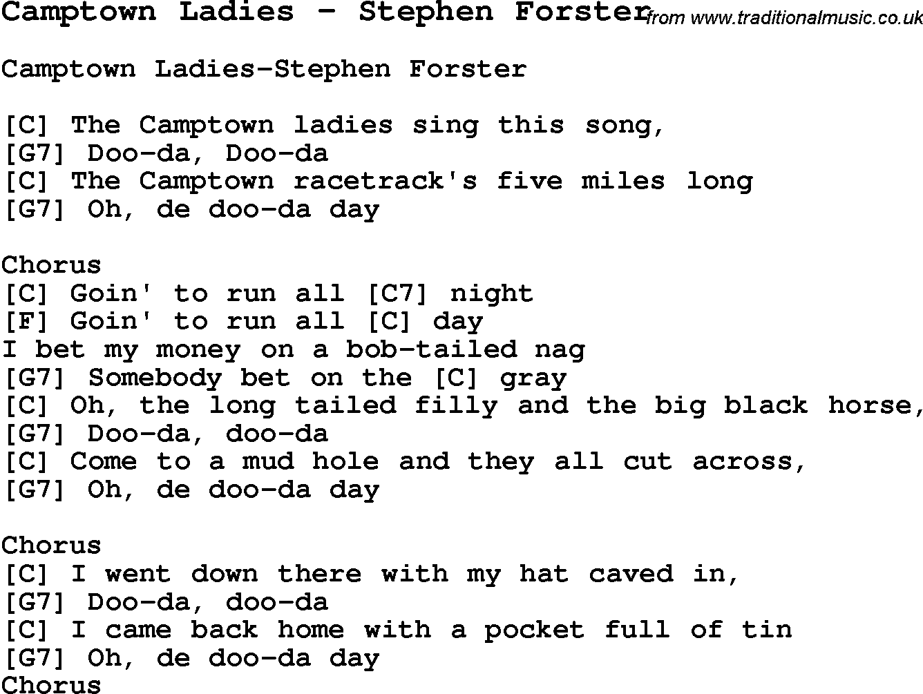 Song Camptown Ladies by Stephen Forster, with lyrics for vocal performance and accompaniment chords for Ukulele, Guitar Banjo etc.