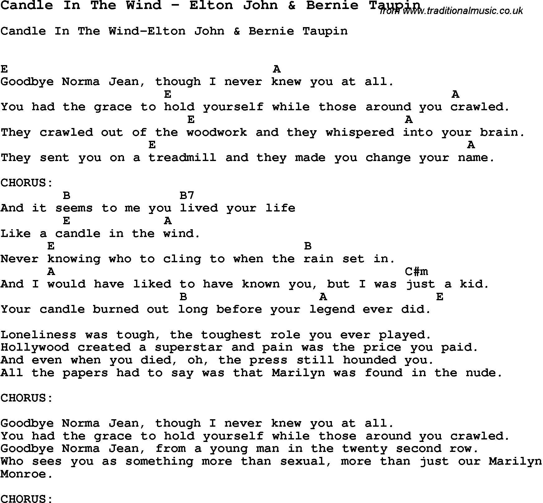 Song Candle In The Wind by Elton John & Bernie Taupin, with lyrics for vocal performance and accompaniment chords for Ukulele, Guitar Banjo etc.