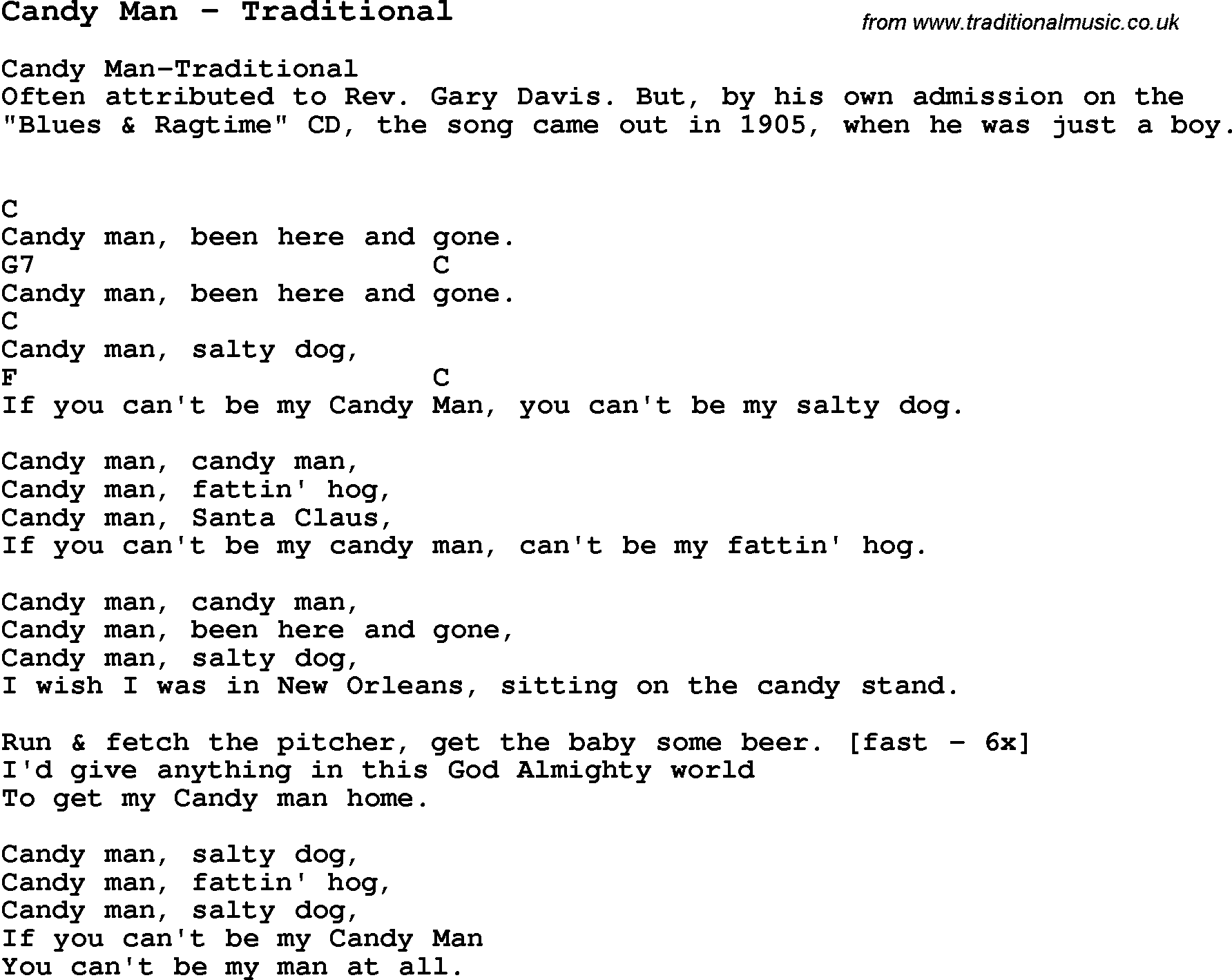 Song Candy Man by Traditional, with lyrics for vocal performance and accompaniment chords for Ukulele, Guitar Banjo etc.