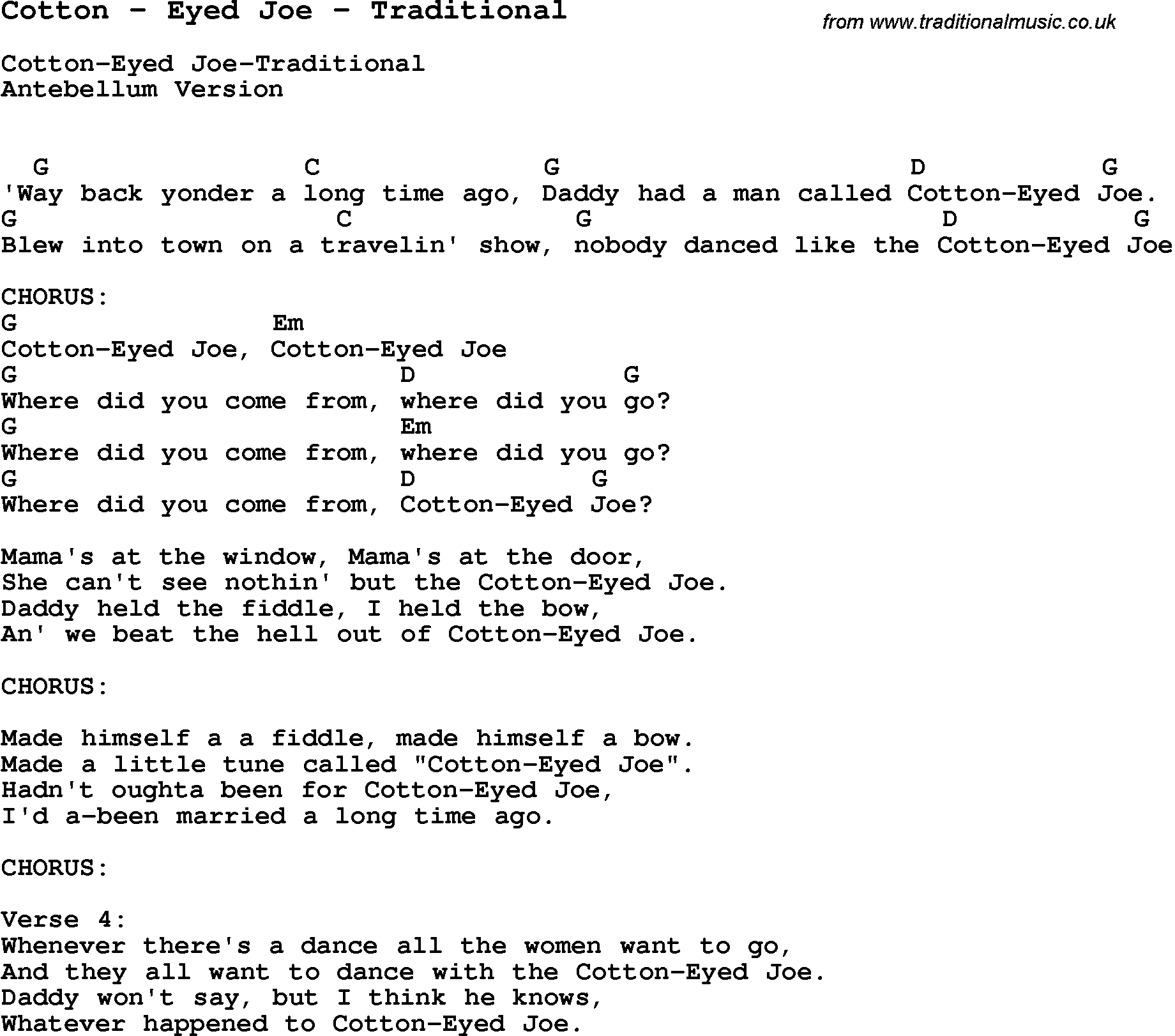 Song Cotton by Eyed Joe by Traditional, with lyrics for vocal performance and accompaniment chords for Ukulele, Guitar Banjo etc.