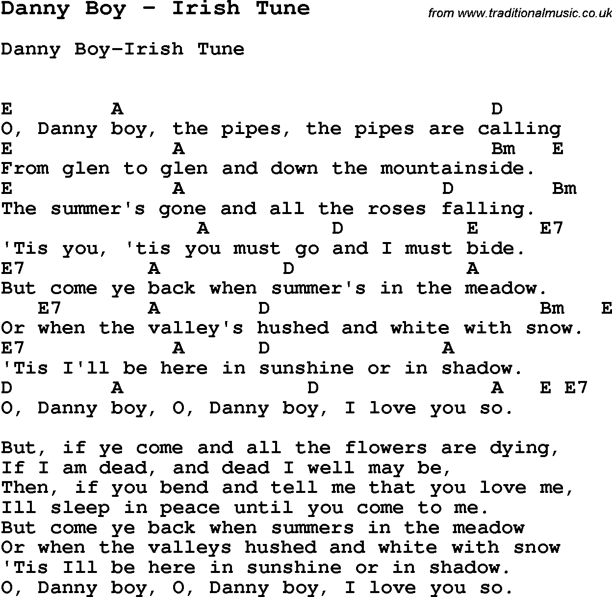 Song Danny Boy by Irish Tune, with lyrics for vocal performance and accompaniment chords for Ukulele, Guitar Banjo etc.