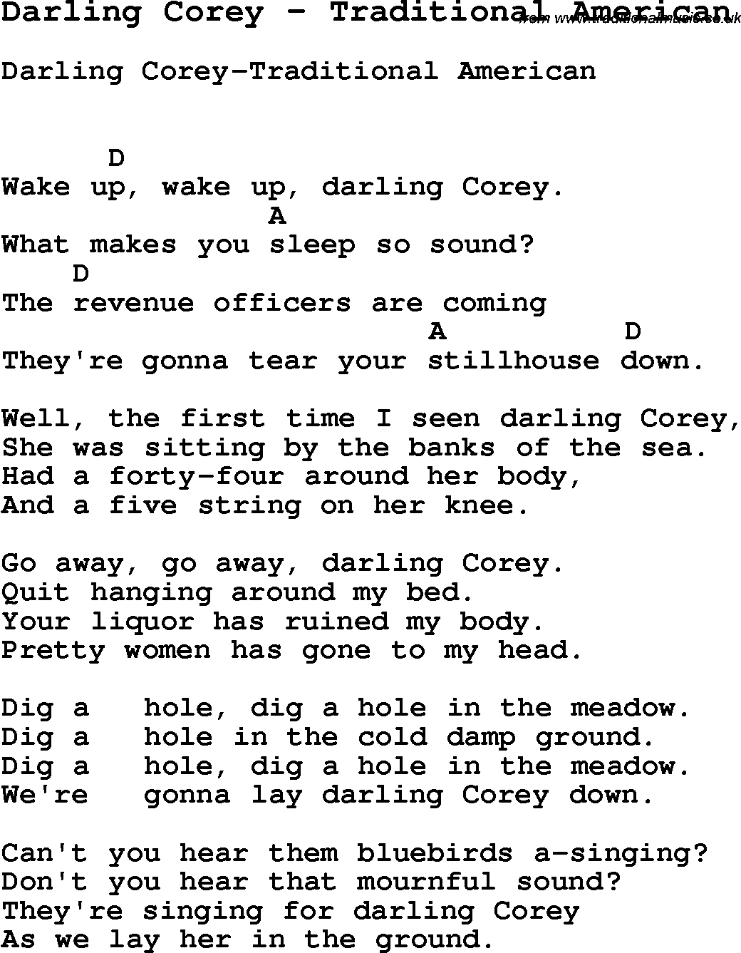 Song Darling Corey by Traditional American, with lyrics for vocal performance and accompaniment chords for Ukulele, Guitar Banjo etc.