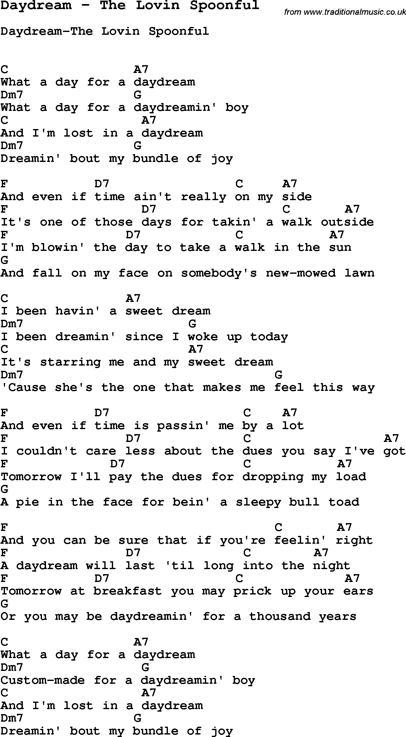 Song Daydream by The Lovin Spoonful, with lyrics for vocal performance and accompaniment chords for Ukulele, Guitar Banjo etc.