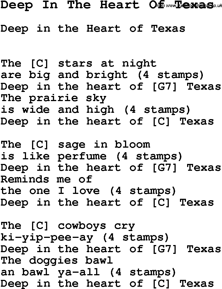 Song Deep In The Heart Of Texas, with lyrics for vocal performance and accompaniment chords for Ukulele, Guitar Banjo etc.
