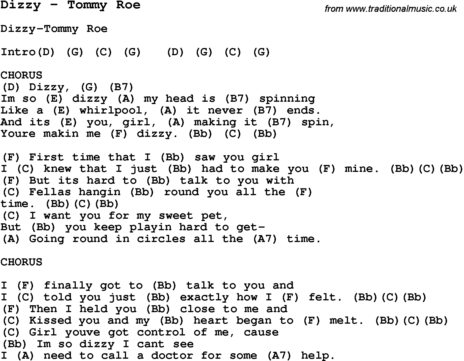 Song Dizzy by Tommy Roe, with lyrics for vocal performance and accompaniment chords for Ukulele, Guitar Banjo etc.