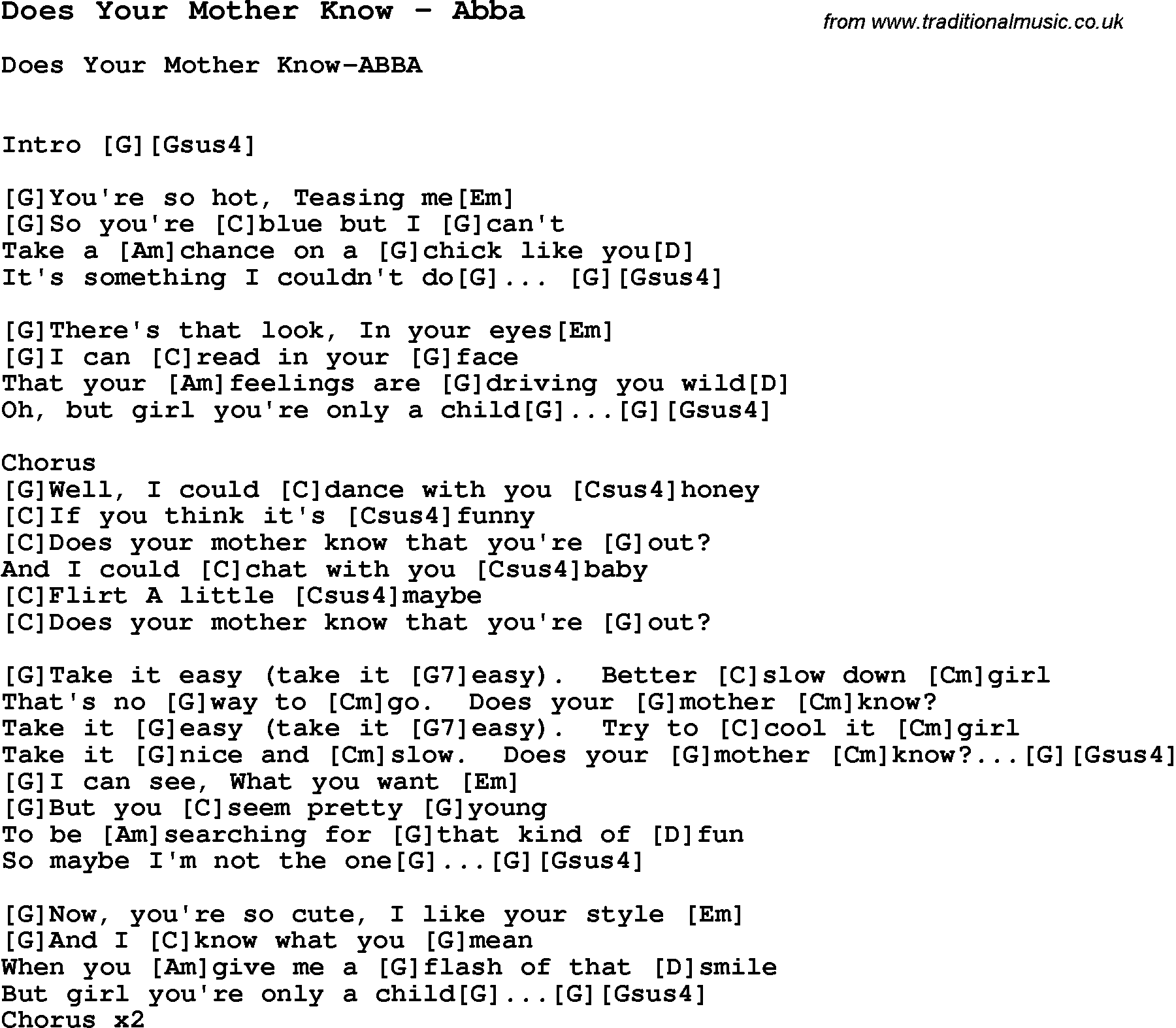 Song Does Your Mother Know by Abba, with lyrics for vocal performance and accompaniment chords for Ukulele, Guitar Banjo etc.