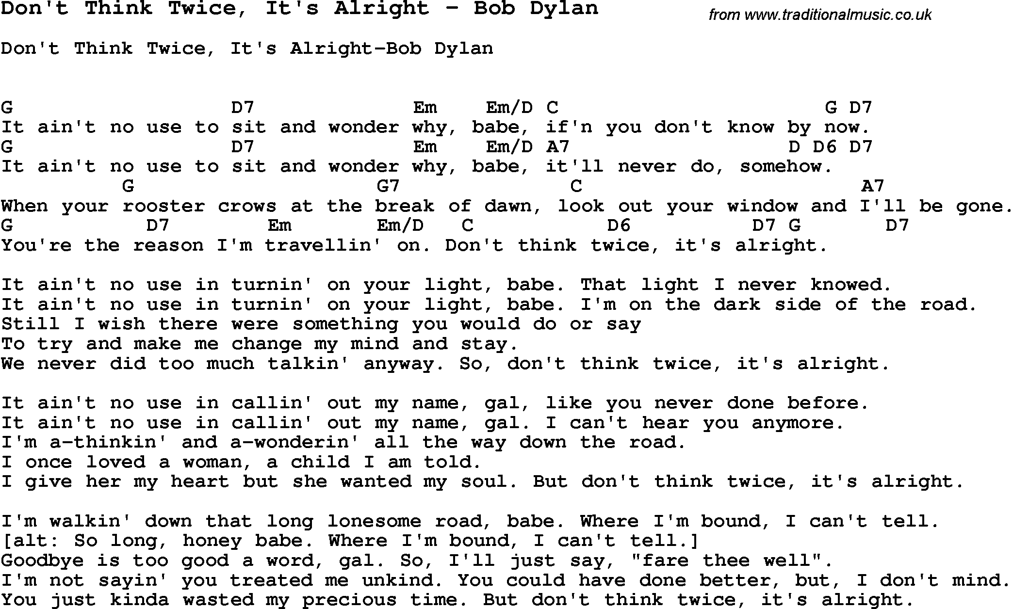 Song Don't Think Twice, It's Alright by Bob Dylan, with lyrics for vocal performance and accompaniment chords for Ukulele, Guitar Banjo etc.