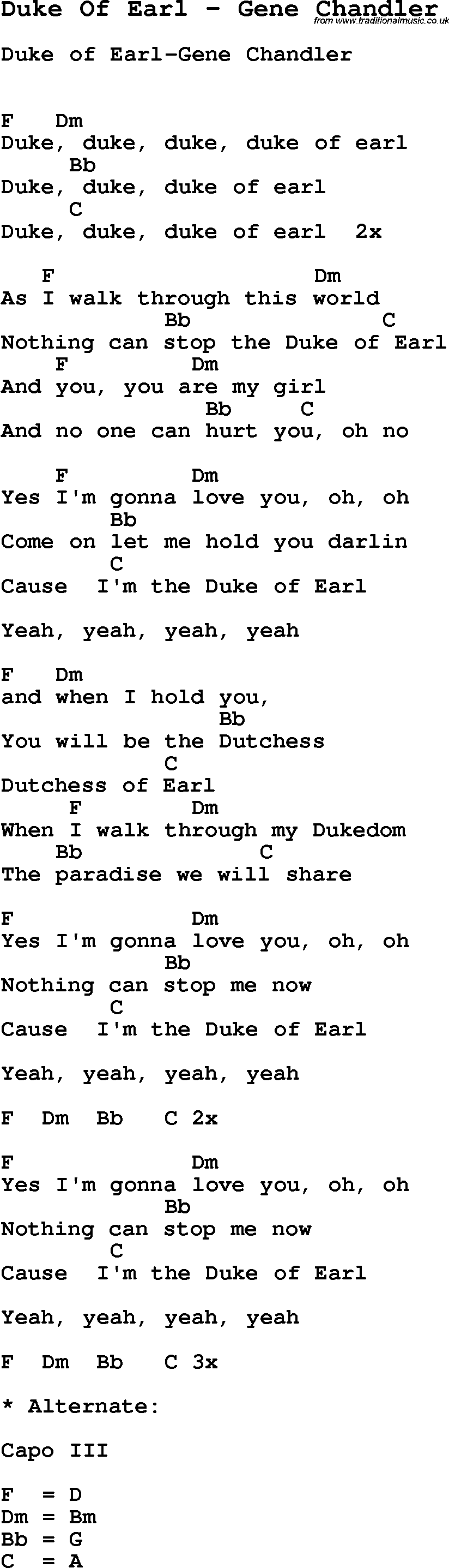 Song Duke Of Earl by Gene Chandler, with lyrics for vocal performance and accompaniment chords for Ukulele, Guitar Banjo etc.