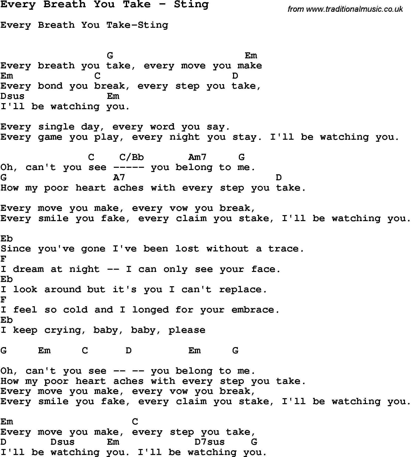 Song Every Breath You Take by Sting, with lyrics for vocal performance and accompaniment chords for Ukulele, Guitar Banjo etc.