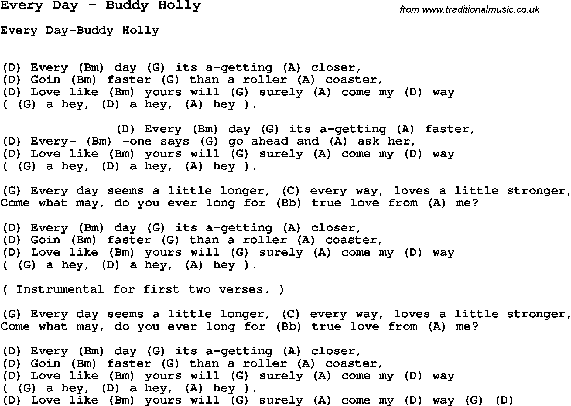 Song Every Day by Buddy Holly, with lyrics for vocal performance and accompaniment chords for Ukulele, Guitar Banjo etc.