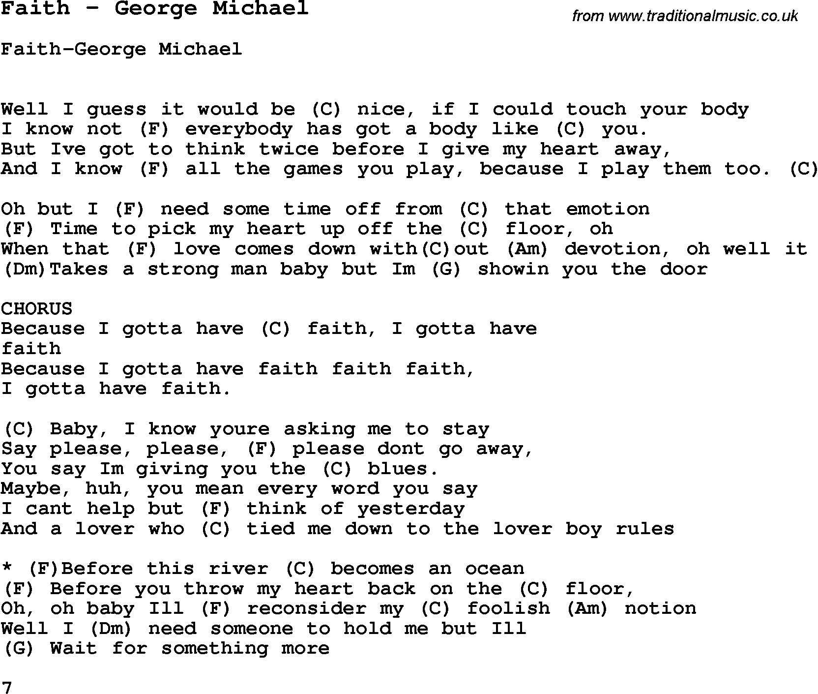 Song Faith by George Michael, with lyrics for vocal performance and accompaniment chords for Ukulele, Guitar Banjo etc.
