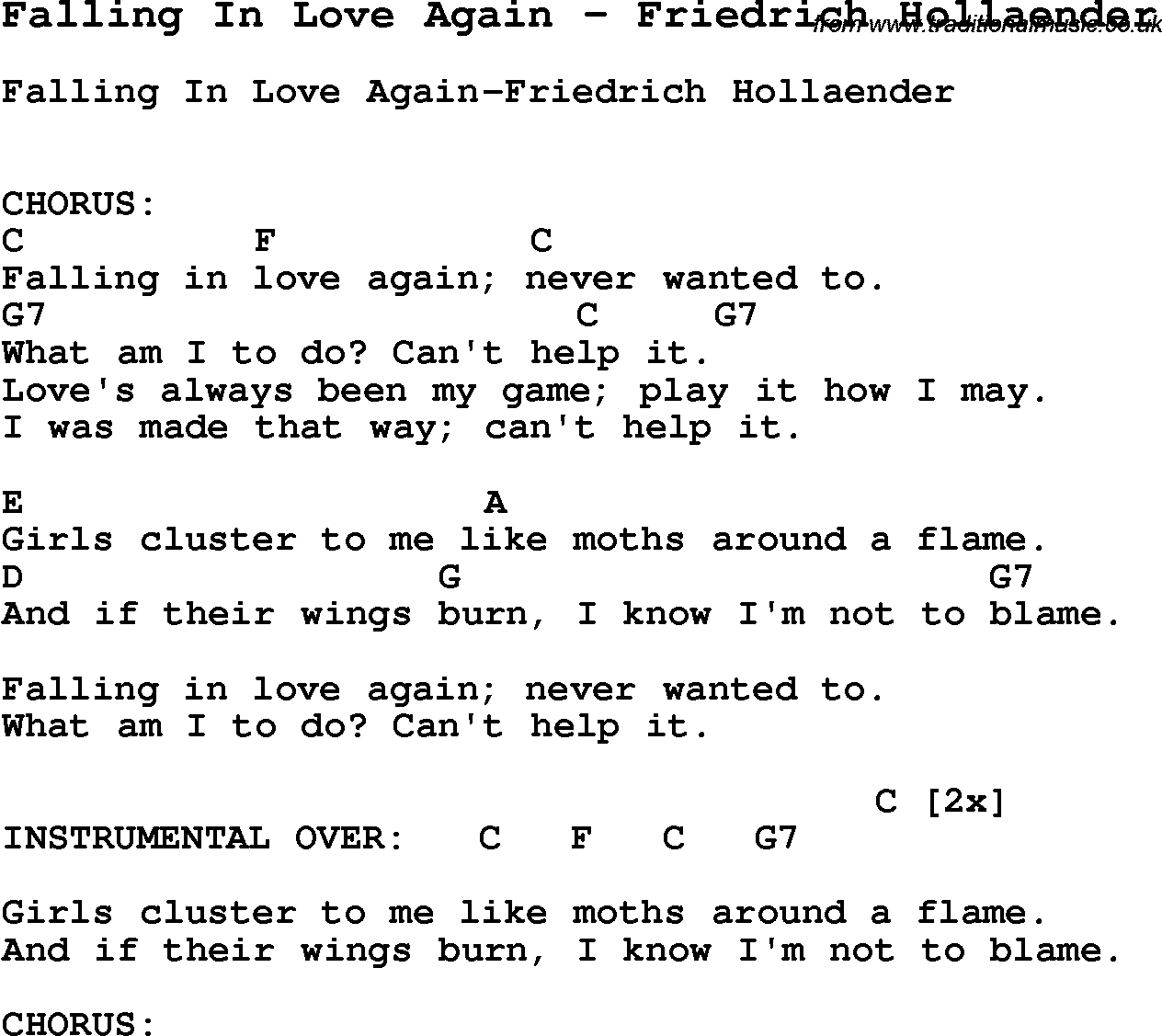 Song Falling In Love Again by Friedrich Hollaender, with lyrics for vocal performance and accompaniment chords for Ukulele, Guitar Banjo etc.