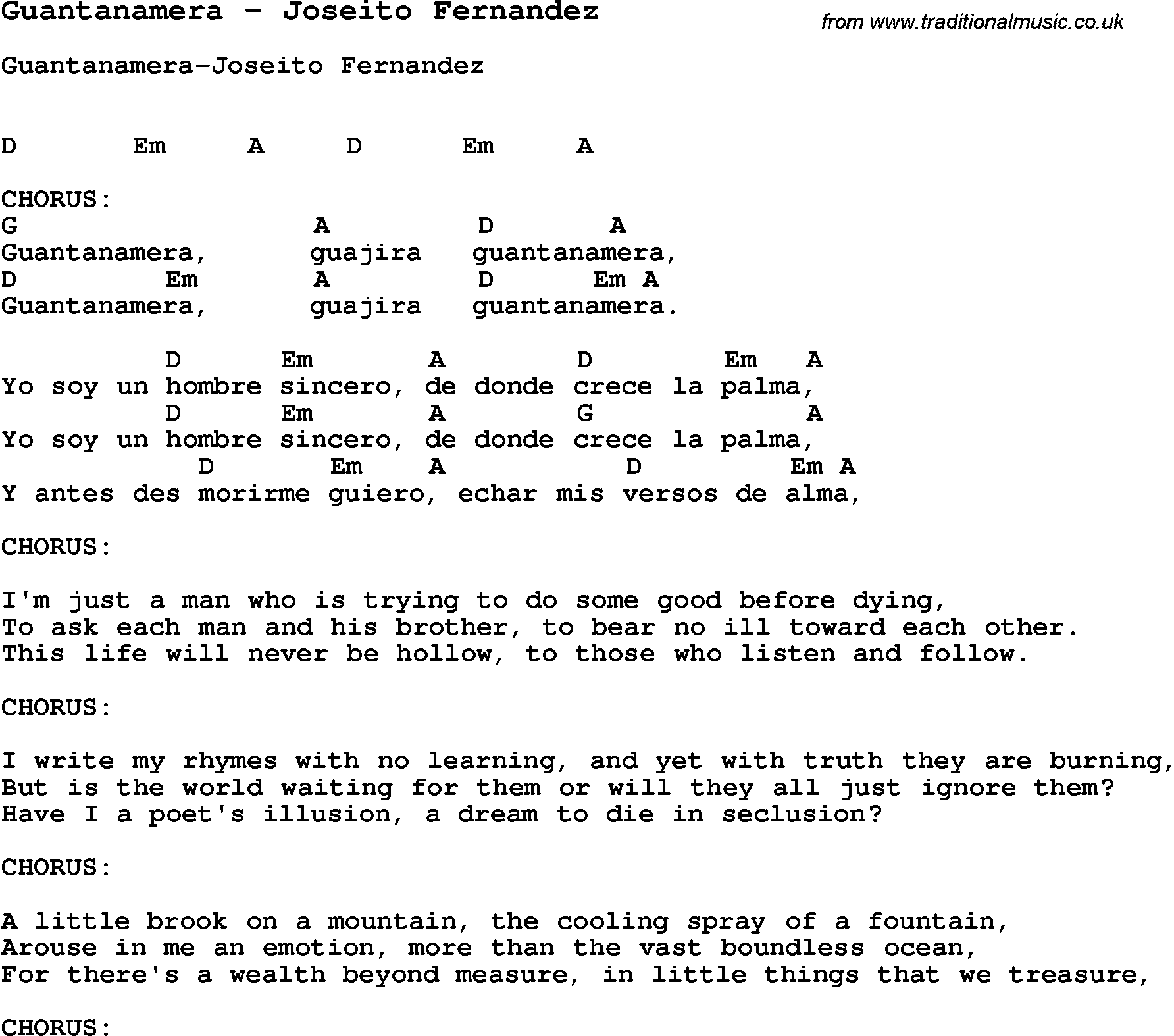 Song Guantanamera by Joseito Fernandez, with lyrics for vocal performance and accompaniment chords for Ukulele, Guitar Banjo etc.