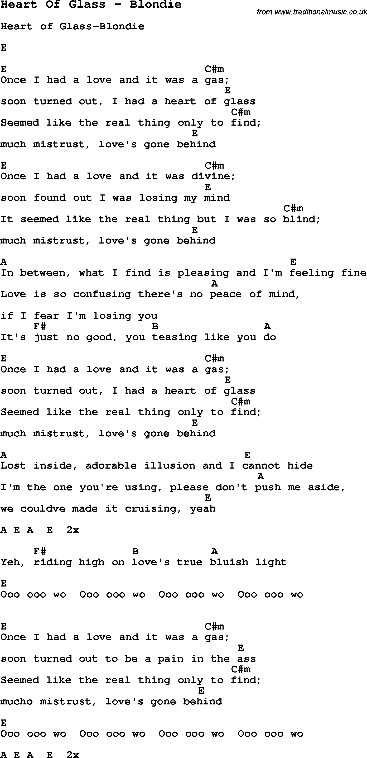 Song Heart Of Glass by Blondie, with lyrics for vocal performance and accompaniment chords for Ukulele, Guitar Banjo etc.