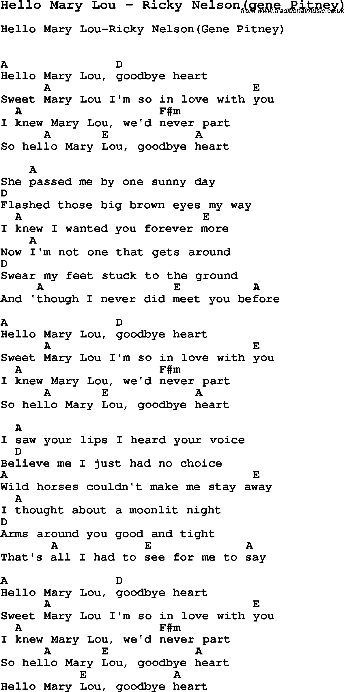 Song Hello Mary Lou by Ricky Nelson(gene Pitney), with lyrics for vocal performance and accompaniment chords for Ukulele, Guitar Banjo etc.