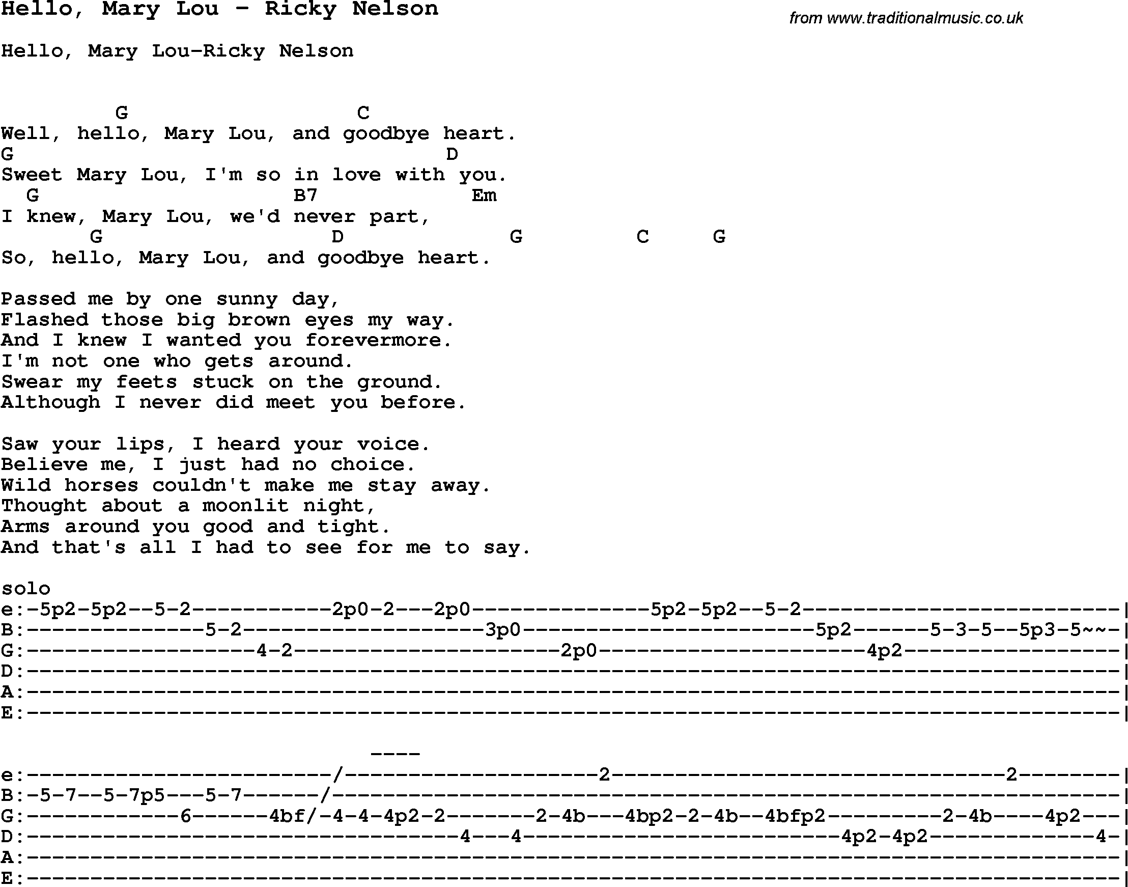 Song Hello, Mary Lou by Ricky Nelson, with lyrics for vocal performance and accompaniment chords for Ukulele, Guitar Banjo etc.