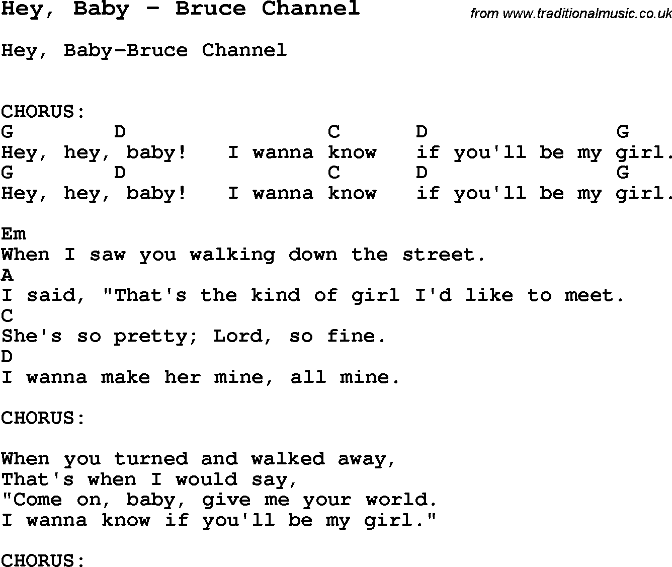 Song Hey, Baby by Bruce Channel, with lyrics for vocal performance and accompaniment chords for Ukulele, Guitar Banjo etc.