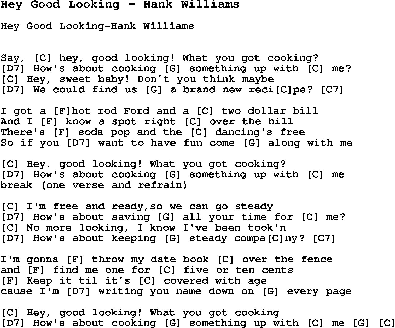 Song Hey Good Looking By Hank Williams Lyric For Vocal.