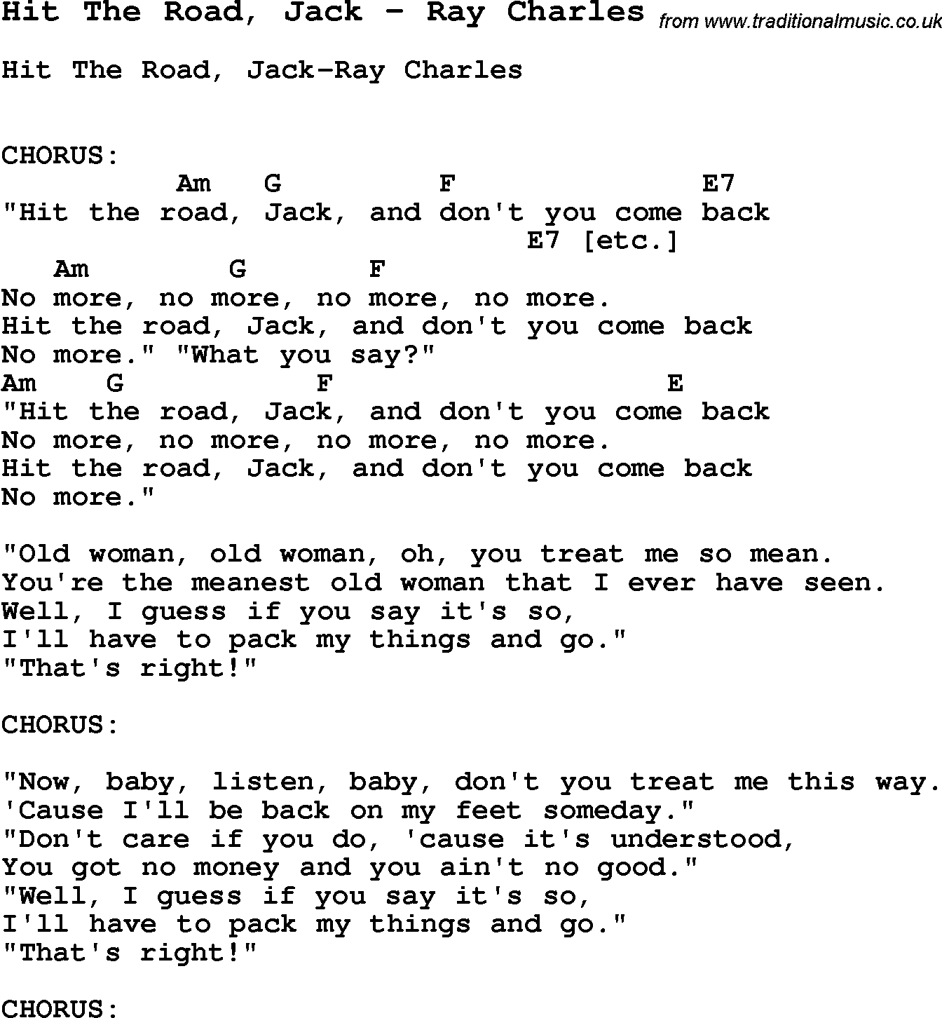 Song Hit The Road, Jack by Ray Charles, with lyrics for vocal performance and accompaniment chords for Ukulele, Guitar Banjo etc.