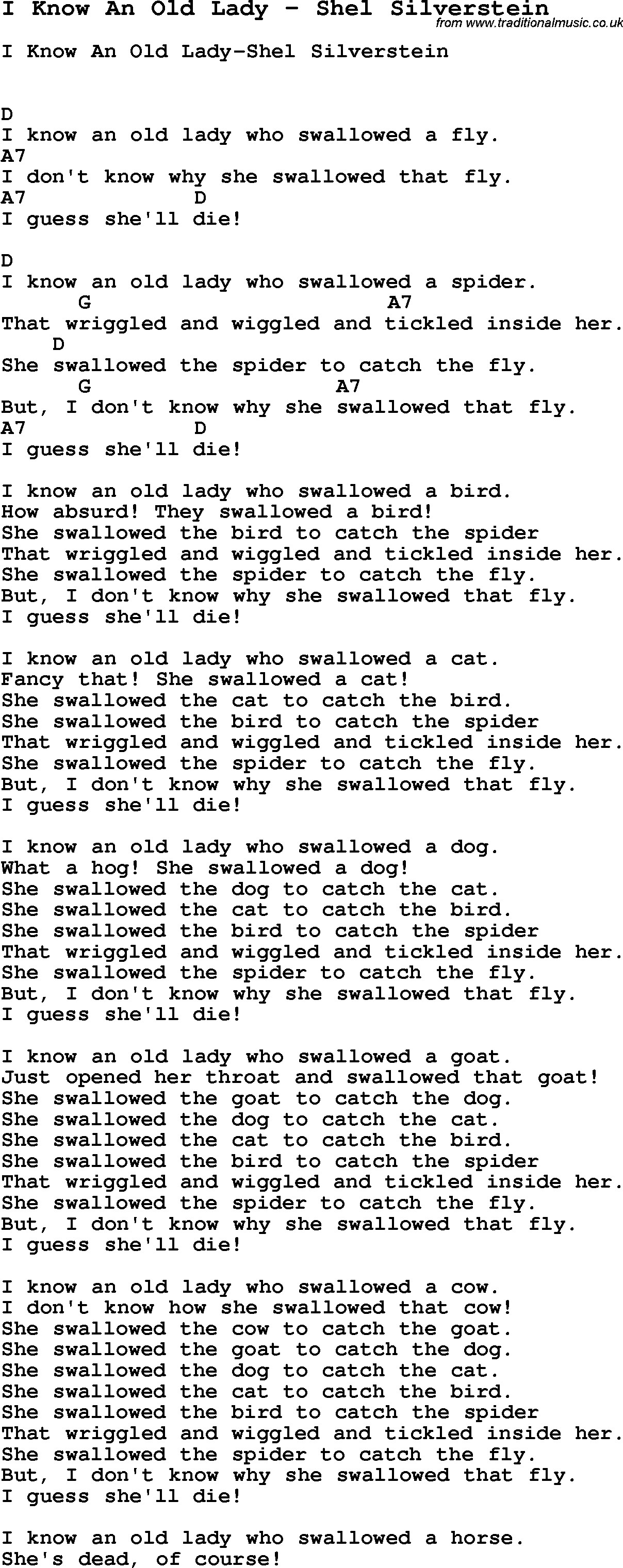 Song I Know An Old Lady by Shel Silverstein, with lyrics for vocal performance and accompaniment chords for Ukulele, Guitar Banjo etc.