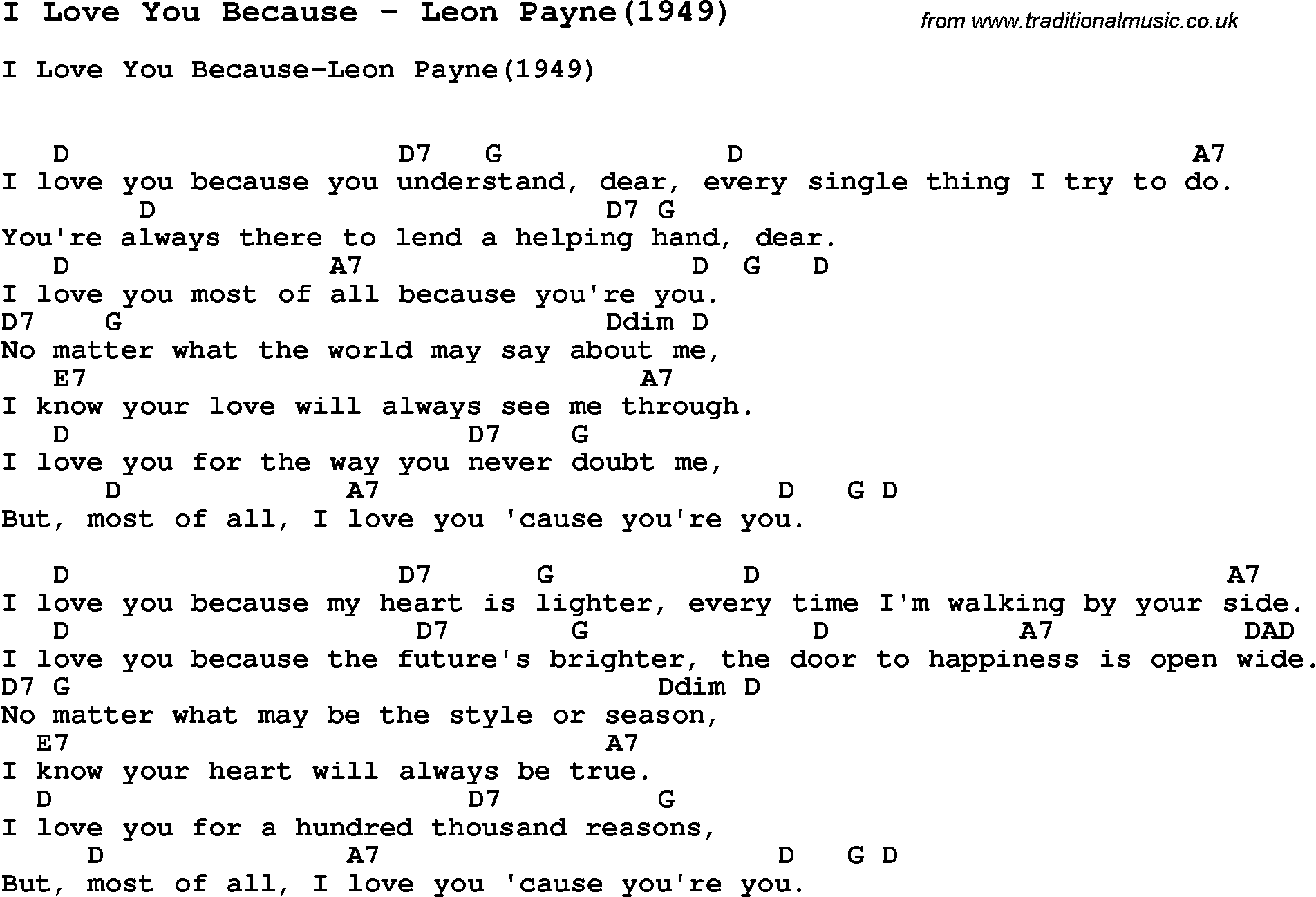 Song I Love You Because by Leon Payne(1949), with lyrics for vocal performance and accompaniment chords for Ukulele, Guitar Banjo etc.