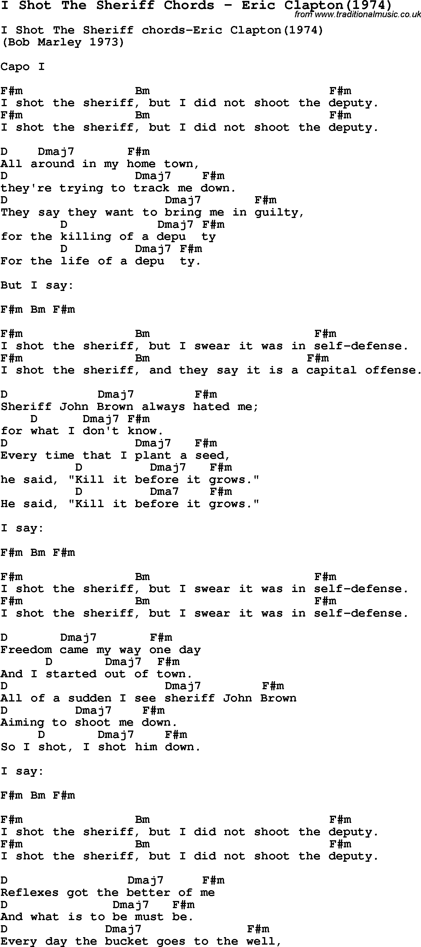 Song I Shot The Sheriff Chords by Eric Clapton(1974), with lyrics for vocal performance and accompaniment chords for Ukulele, Guitar Banjo etc.
