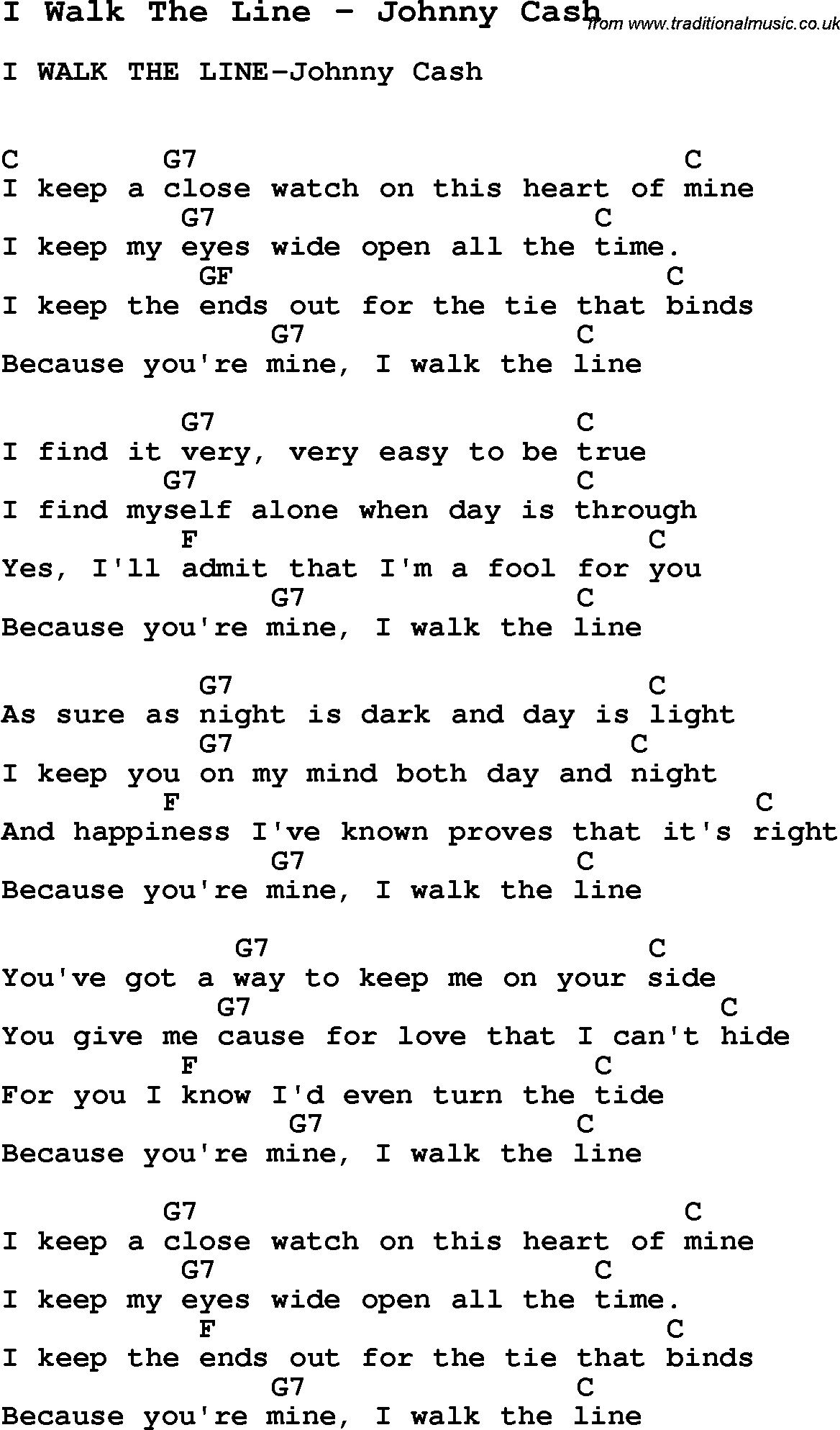 Song I Walk The Line by Johnny Cash, with lyrics for vocal performance and accompaniment chords for Ukulele, Guitar Banjo etc.