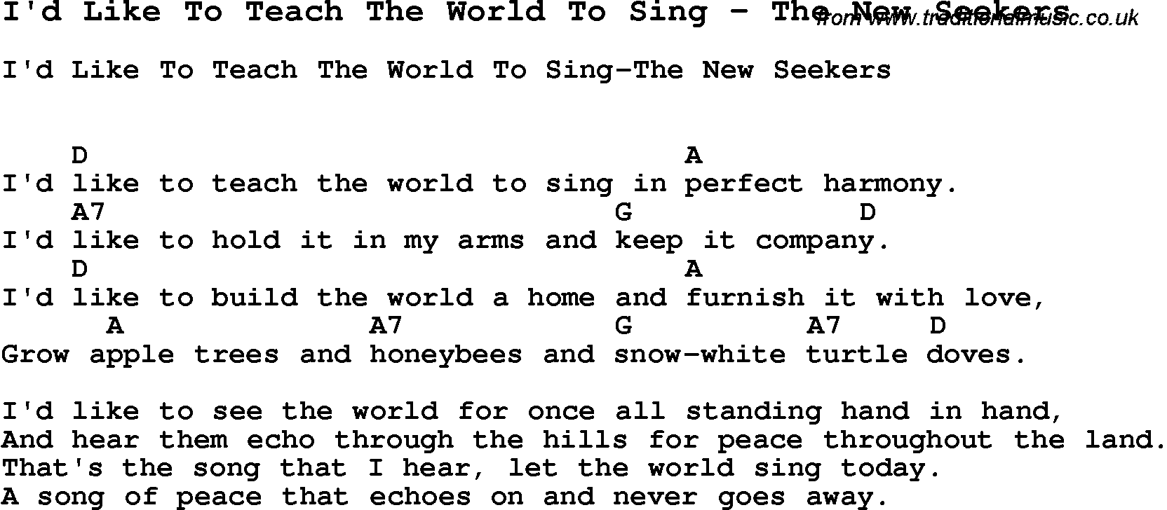 Song I'd Like To Teach The World To Sing by The New Seekers, with lyrics for vocal performance and accompaniment chords for Ukulele, Guitar Banjo etc.