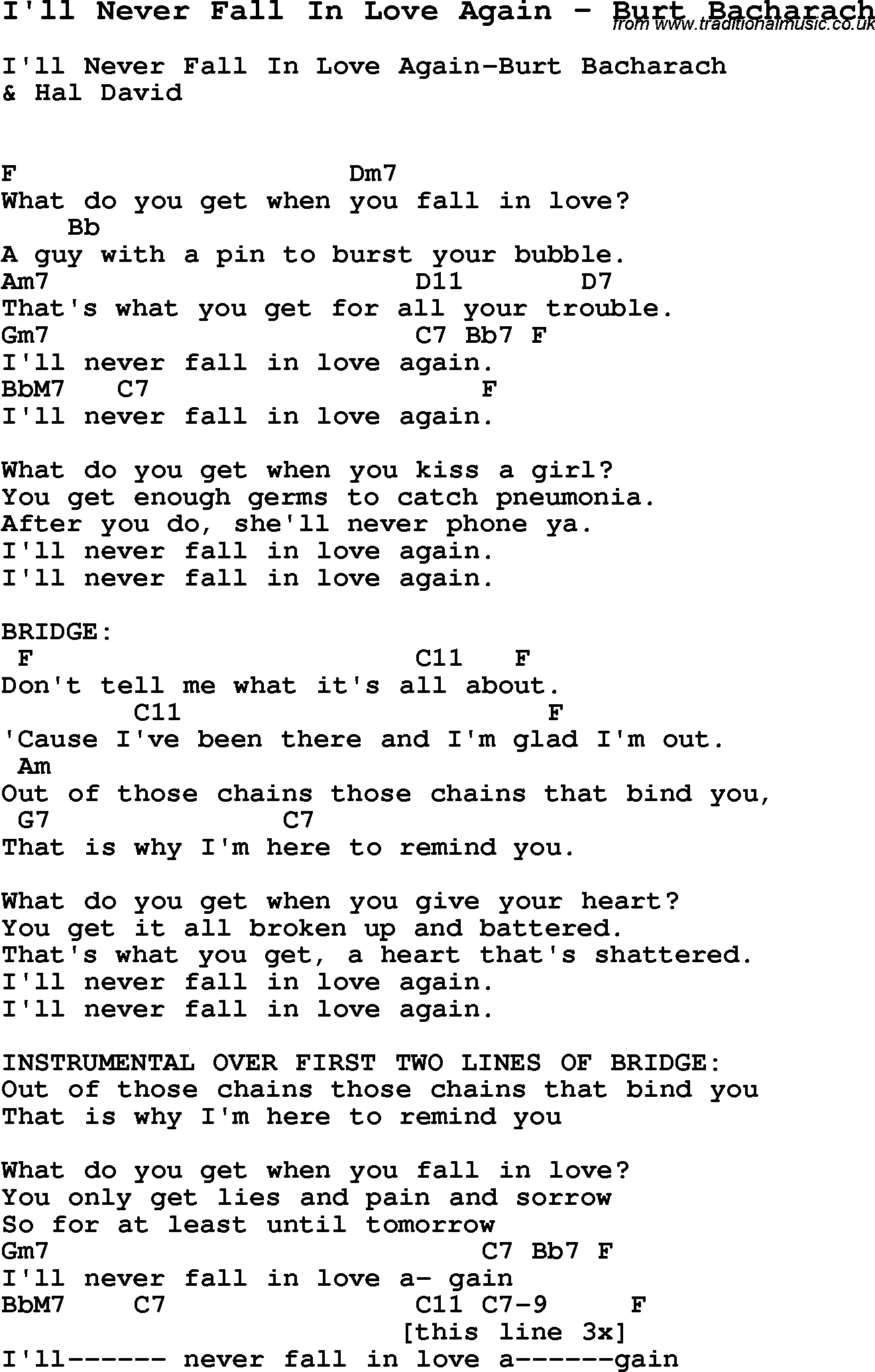 Song I'll Never Fall In Love Again by Burt Bacharach, with lyrics for vocal performance and accompaniment chords for Ukulele, Guitar Banjo etc.