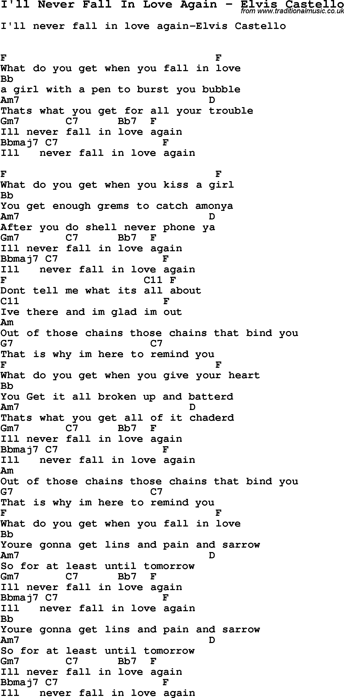 Song I'll Never Fall In Love Again by Elvis Castello, with lyrics for vocal performance and accompaniment chords for Ukulele, Guitar Banjo etc.