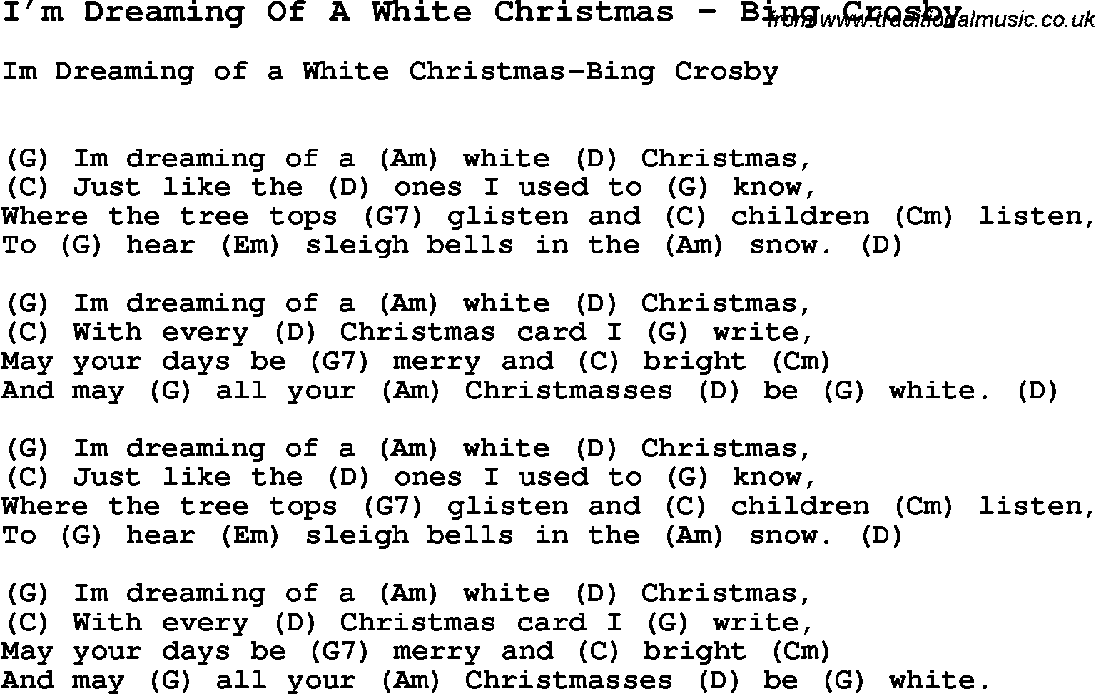 Song I’m Dreaming Of A White Christmas by Bing Crosby, with lyrics for vocal performance and accompaniment chords for Ukulele, Guitar Banjo etc.